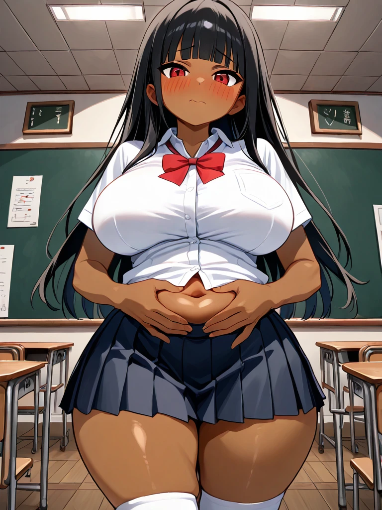 (Qualidade Ultra HD 8K, Melhor qualidade, acima, alta qualidade, luz perfeita, absurdo, ultra detalhado: 1.21, mulher, sozinho, Dark-skinned mulher, cabelo preto, pele escura, seios grandes, sensual, escola japonesa costume, retrato, black knee high socks, sensual lips, Pâté, olhos escuros, olhando para o espectador, Japan sala de aula background,sala de aula, mesas e cadeiras ao fundo, escola japonesa, seios enormes, pequena amostra, sensual, pele de azeitona, pele escura, inventar, brilho labial, inventar, Olhos lindos , segurando seios, Papel de parede, saia curta, sensual , uniforme de marinheiro.