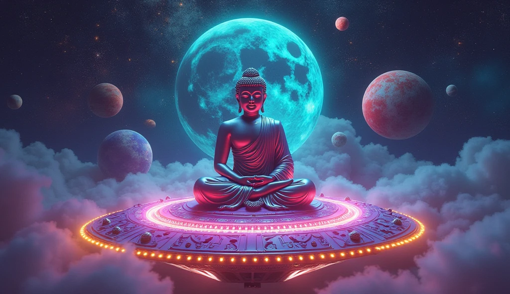 a very realistic and very psychedelic Buddha sitting on top of a flying saucer around several planets, psychedelia, etc... 

a very colorful and eye-catching image, the Buddha is very modern and meditating with a happy face, the flying saucer is full of lights and very realistic around the planets, astrological calculations and all the art involving quantum mechanics. I want everything to be very engaging., with occultism, involving spirituality the flying saucer has to be more eye-catching, with lots of flashing lights and that all of it appears

