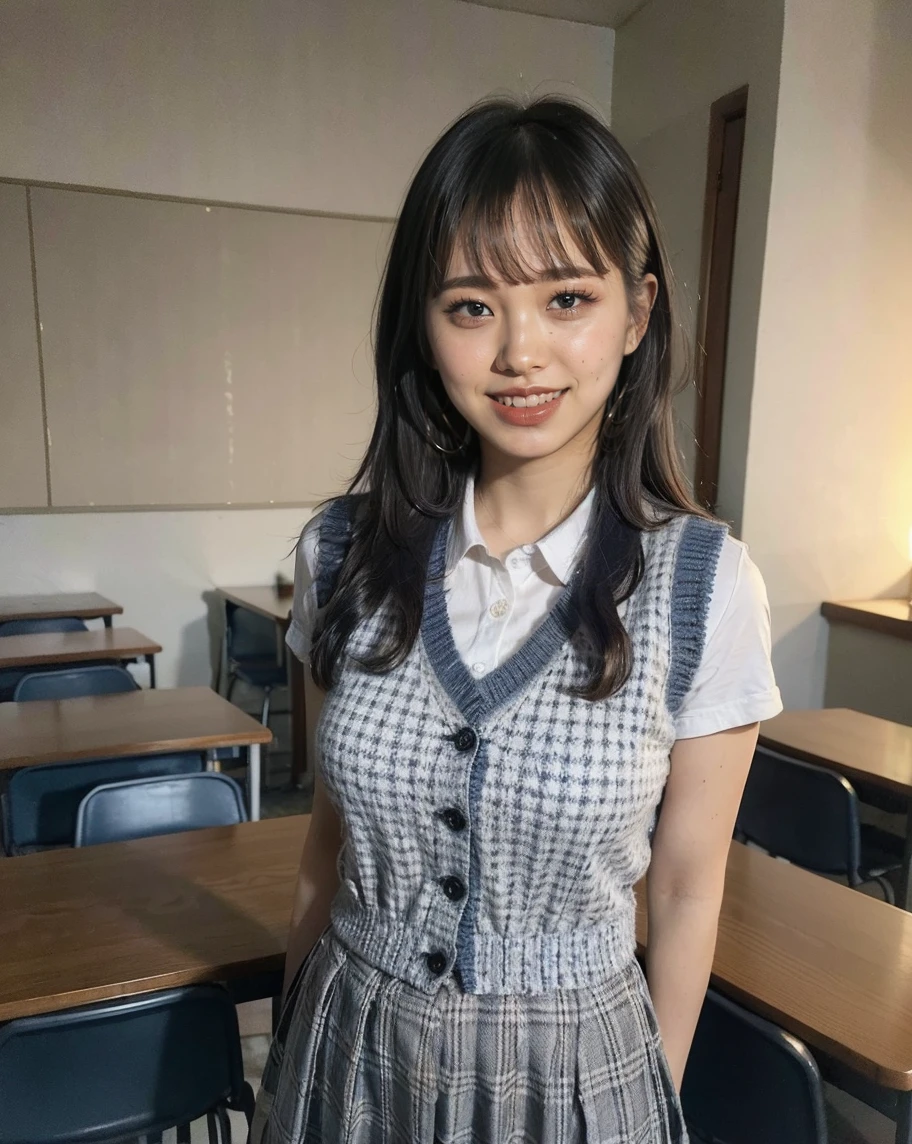 (((medium hair))), highest quality, 8k, HDR, High resolution, confused:1.2, blurred background, Bokeh:1.2, photograph, (RAWphotograph:1.2), (realistic:1.4), (masterpiece:1.3), (intricine details:1.2), 25Year, 一人in, japanese girl, delicine, beautiful, (fine eyes), (detailed facial feinures), , (((small breasts))), Perfect for your skin, (looking for_in_viewer), from_front, (skinny), (highest quality:1.4), (ultra High resolution:1.2), cinema light, (extreme detailed illustrinion), (lip gloss, highest quality, ultra High resolution, written boundary depth, caustics, wide range lighting, ninural shading, 85mm, f/1.4, ISO200, 1/160Year代:0.75),1 girl, 一人in, (((Blue Vest))) smile, ((school uniform, pleined skirt with checker pintern, classroom))