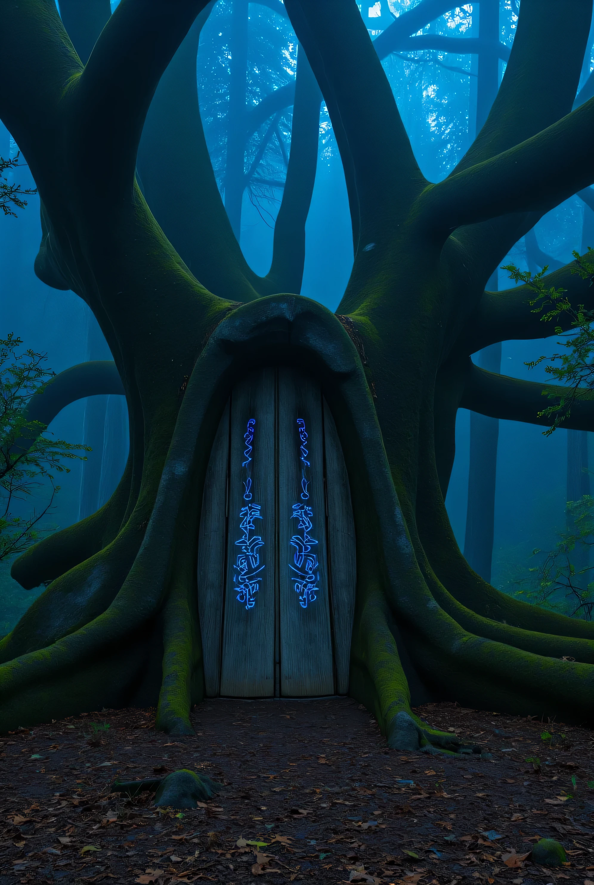 "A dark, enchanted forest covered in thick mist. Glowing blue mushrooms and bioluminescent plants illuminate the surroundings. A mysterious, ancient wooden door stands between two massive twisted trees, carved with glowing runes. The atmosphere is mystical, with fireflies and magical energy in the air."