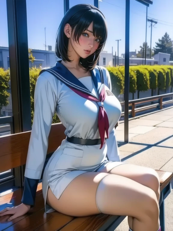 A woman with a growing penis A woman wearing a school uniform and a shiny black high-cut school swimsuit
