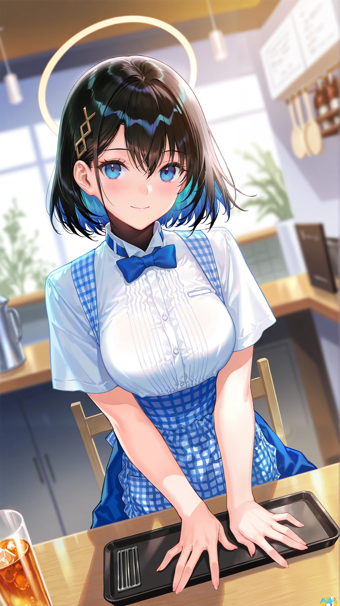 ​masterpiece, hightquality, 8K, beautiful  lighting, 1girl in, 独奏, Akane,  (one length bob:1.3),(darkblue hair:1.3), Smile, Standing, blue bowtie, White shirt, Short sleeves, Blue skirt, Blue apron, Gingham Apron, employee uniform, high waist skirt, woman samurai, Open kitchen, cowboy  shot, looking at the viewers, ,Big breasts emphasis、Naughty thighs、shiny oily skin with high contrast,Too large breasts, huge long breasts, Naughty big,爆乳、Bursting chest、huge-breasted、pointed breast、red blush、