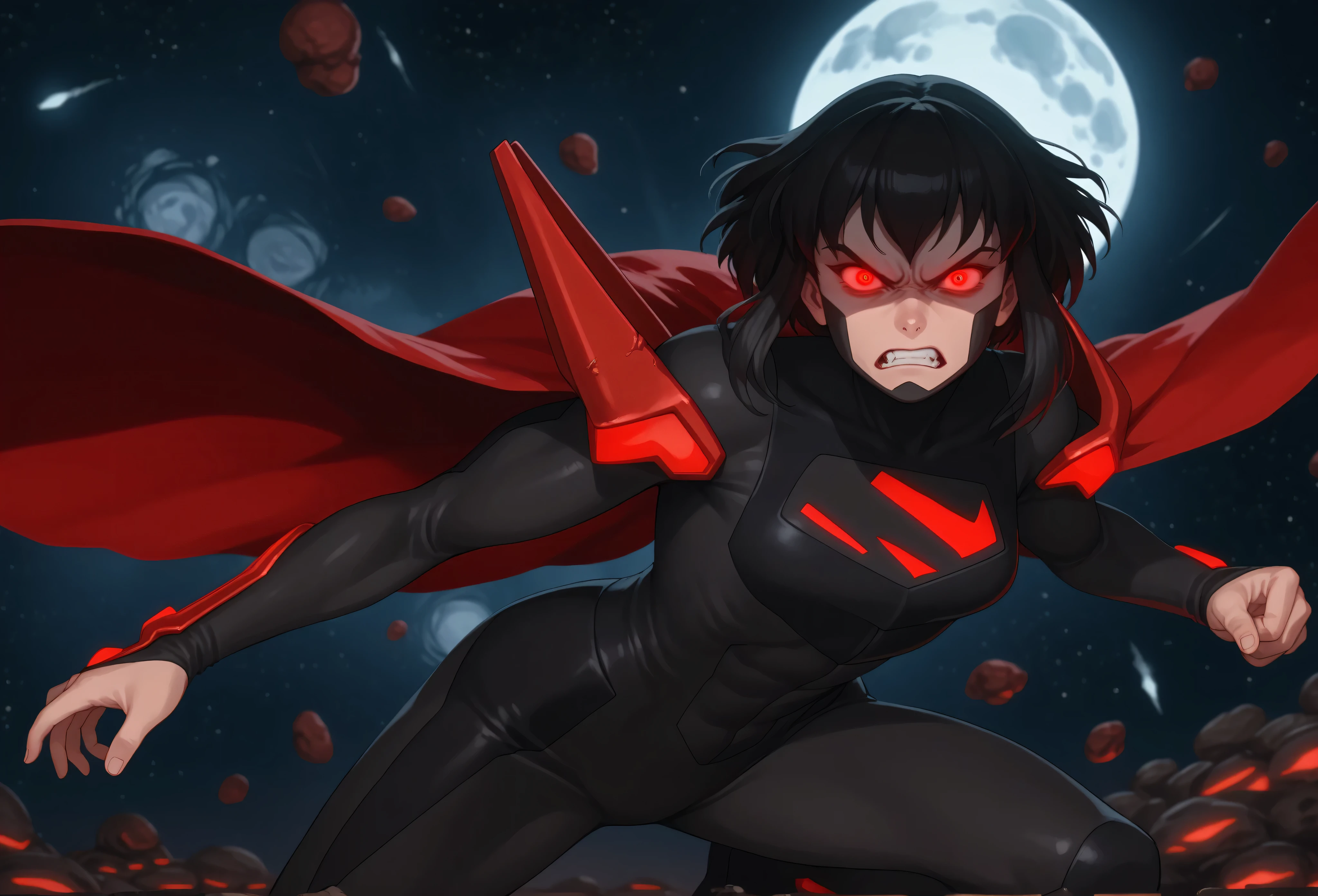 1girl, solo, karazoreldef, red eyes, glowing eyes, red aura, short hair, black hair, medium breasts, toned, karazorelfit, red cape, red glow, black two-tone bodysuit, black shoulder armor, looking at viewer, angry, space, asteroid, floating, airborne, rage, both knuckles close, ready to fight, evil, bloodshot eyes, on the moon, bloodlusted, battle damaged suit, torn suit, bloody suit, mad,