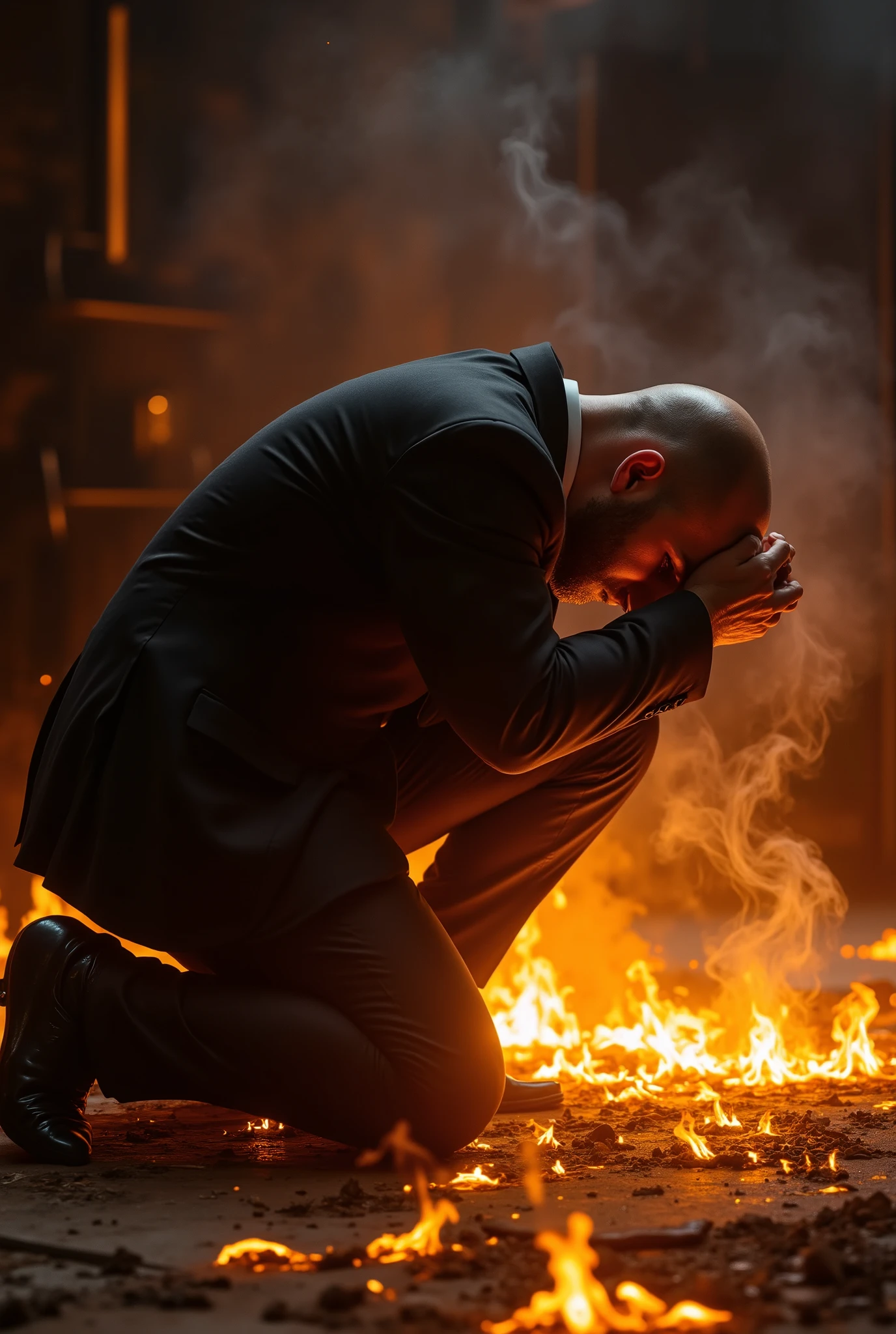 side view, a man in a suit bowing deeply in a kneeling position, formal apology pose, his hands and forehead pressed firmly against the heated floor, glowing heat lines embedded in the ground, suit pants visibly burning and smoldering, smoke rising from the scorched fabric, intense heat distortion in the air, dramatic lighting, high tension atmosphere, hyperrealistic textures, ultra-detailed, 4k quality