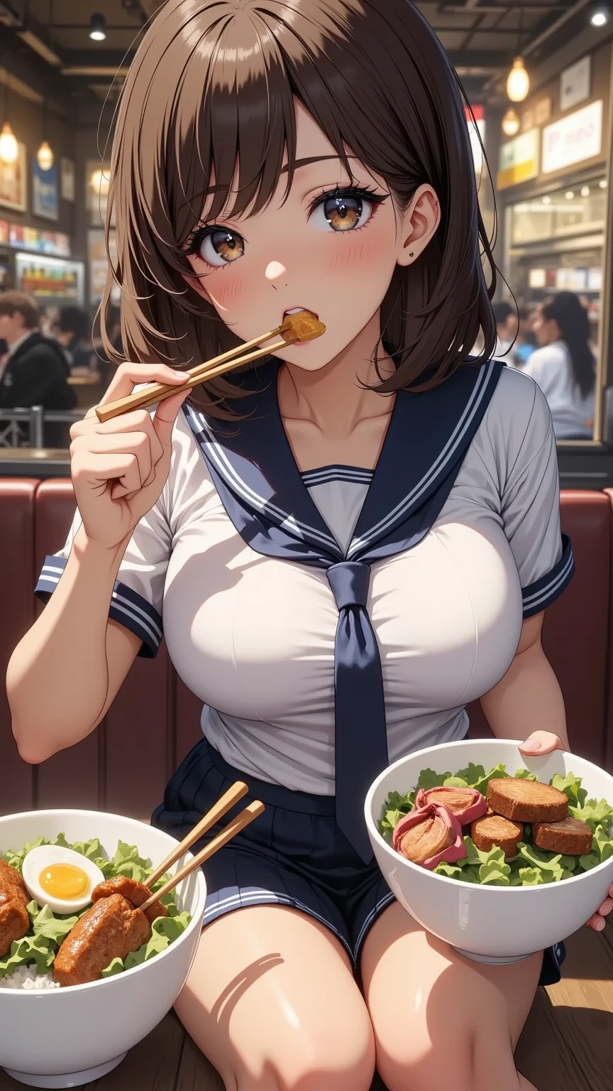 girl, solo, breasts, looking_at_viewer, smile, open_mouth, bangs, large_breasts, brown_hair, holding, brown_eyes, nipples, upper_body, nude, food, teeth, indoors, black_eyes, cup, table, plate, bowl, chopsticks, pov_across_table, ryokan, BREAK 2D, 8k, highres, masterpiece, super fine illustration, photo background, insanely detailed, blurry background, depth of field, natural light, soft lighting, perfect fingers, nice hands, perfect hands, good,bukkake, semen, ((cum on body:1.9, cum on hair:1.9. cum on face:1.9, cum on mouths:1.3，cum on table 1.9)),multiple boys, peeing on a girl, facial, cum on mouth, cum on body, multiple penises, gangbang,holding penis))),ecstasy torogao, saliva trail, nose blush,smile,