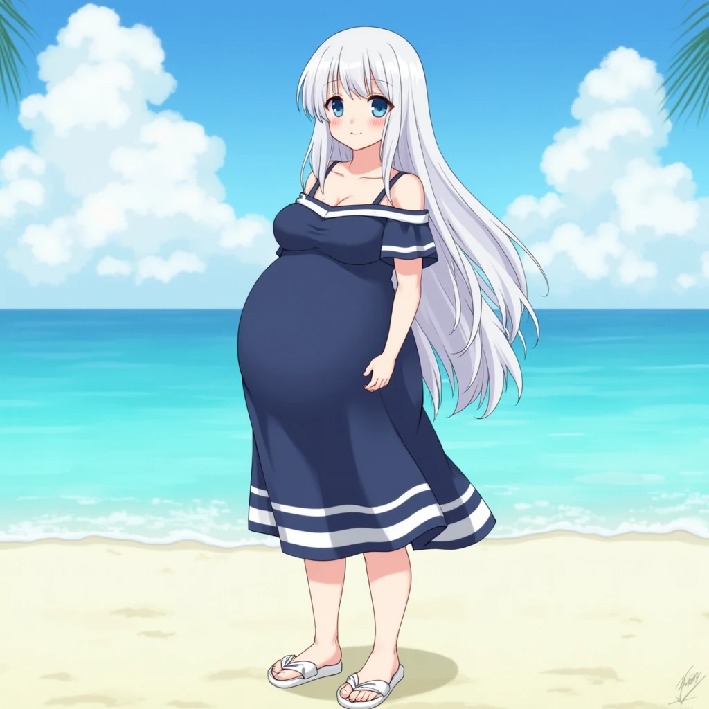 (pregnant toddler girl:1.5),chibi,long white hair,navy blue swimsuit,standing,laughing