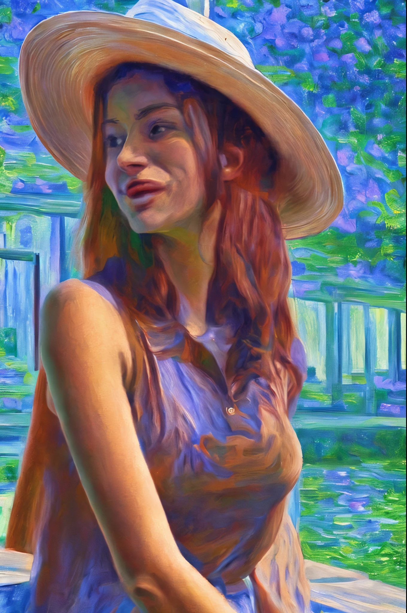 masterpiece, best quality, extremely detailed, hyperrealistic, oil painting, impressionism art, in monet style, dark, purple no sleeve polo shirt