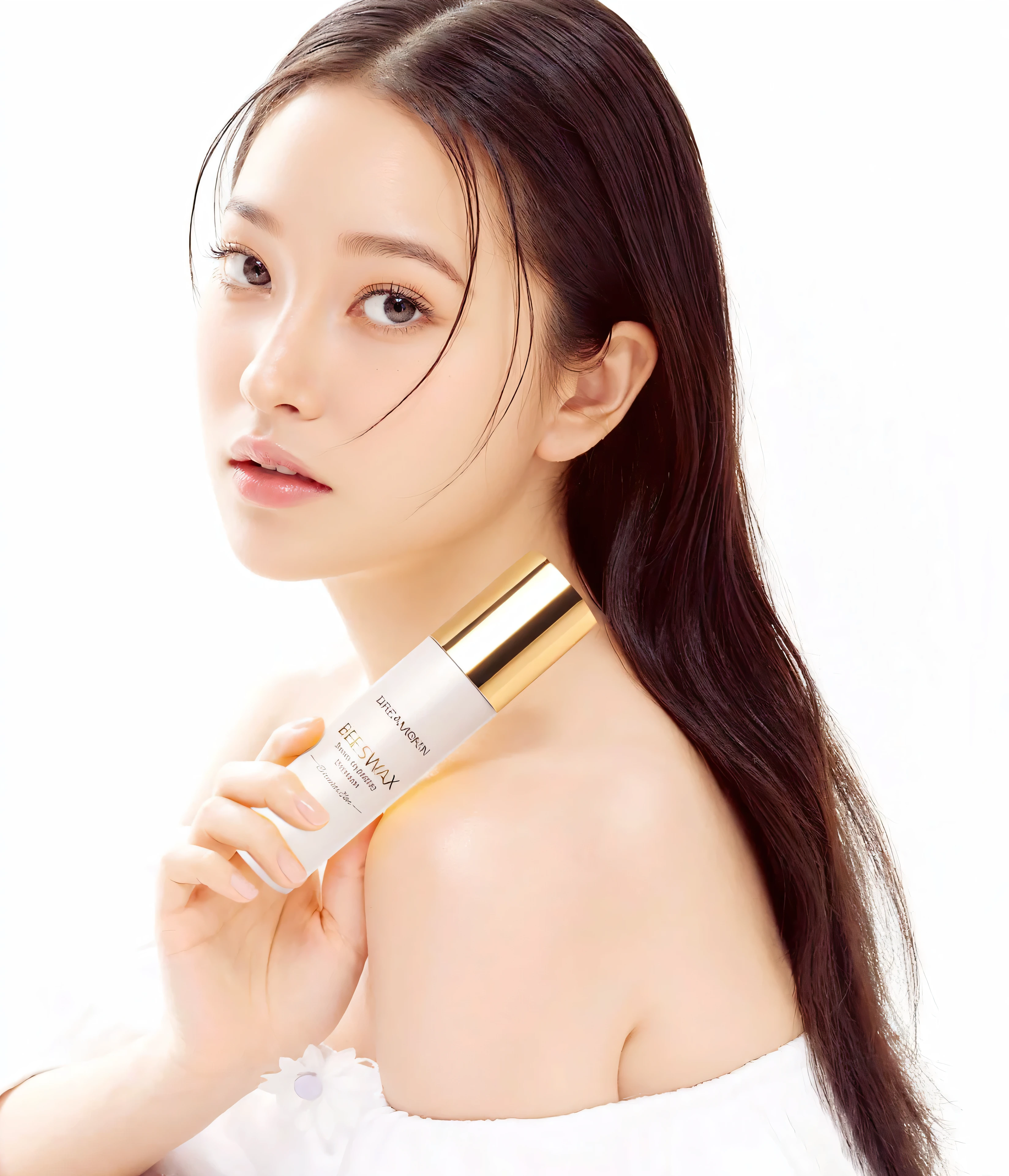 A portrait of a young woman with long dark hair. She is wearing a white off-the-shoulder top with a floral pattern. The woman is holding a bottle of skincare product in her right hand and is looking directly at the camera with a serious expression. The bottle is white with a gold cap and has the brand name "Korean Beauty" written on it. The background is plain white, Perfect fingers: 1.1.
Masterpiece, ultra detailed, realistic, photo realistic, high detail RAW color photo, professional photograph, extremely detailed, finely detail, lens flare, Dynamic lighting, 8K, RAW Photo, Best High Quality, Masterpiece: 1.2, Ultra HD: 1, High Detail RAW Color Photo, Pro Photo, Realistic, Photo Realistic: 1.5, Live Photo, Super detailed, Masterpiece, Real Skin, Realistic Skin, Realistic HD Eyes, Highly detailed Eyes, Perfect Eyes, Perfect face, Perfect fingers, extremely detailed face, extremely detailed eyes, extremely detailed skin, perfect anatomy, (non-muscle type:0.5).