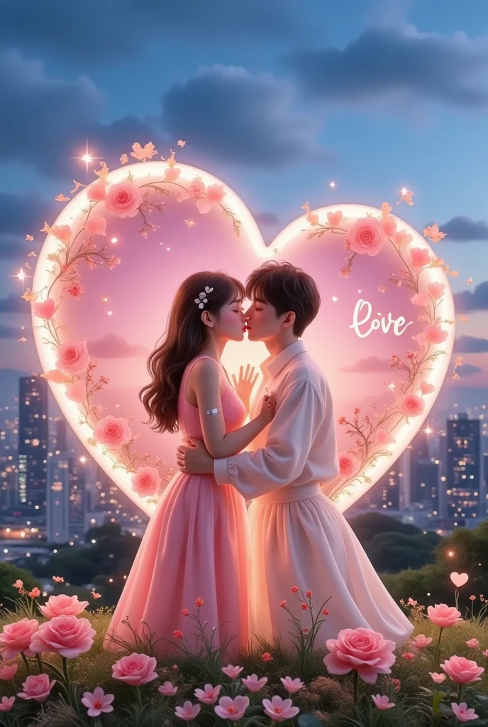 3D heart shape light motion effect, warm embrace of two people, sparkle, glowing, "love" text, dusk, city lights, cityscape, pink and blue, (masterpiece, best quality:1.2)
