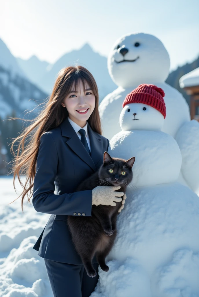 best qualtiy、masutepiece、超A high resolution、(Photorealistic:1.4)、infp young woman、modeled、small head、long legged、Colossal tits、the perfect body、By Michelangelo、ulzzang -6500-v1.1、Antarctica in winter、Frozen sea、Ice-only background、It snows a lot、Cat walking、(Big cat:1.3)、(Many cats:1.3)、japanese hight school uniform