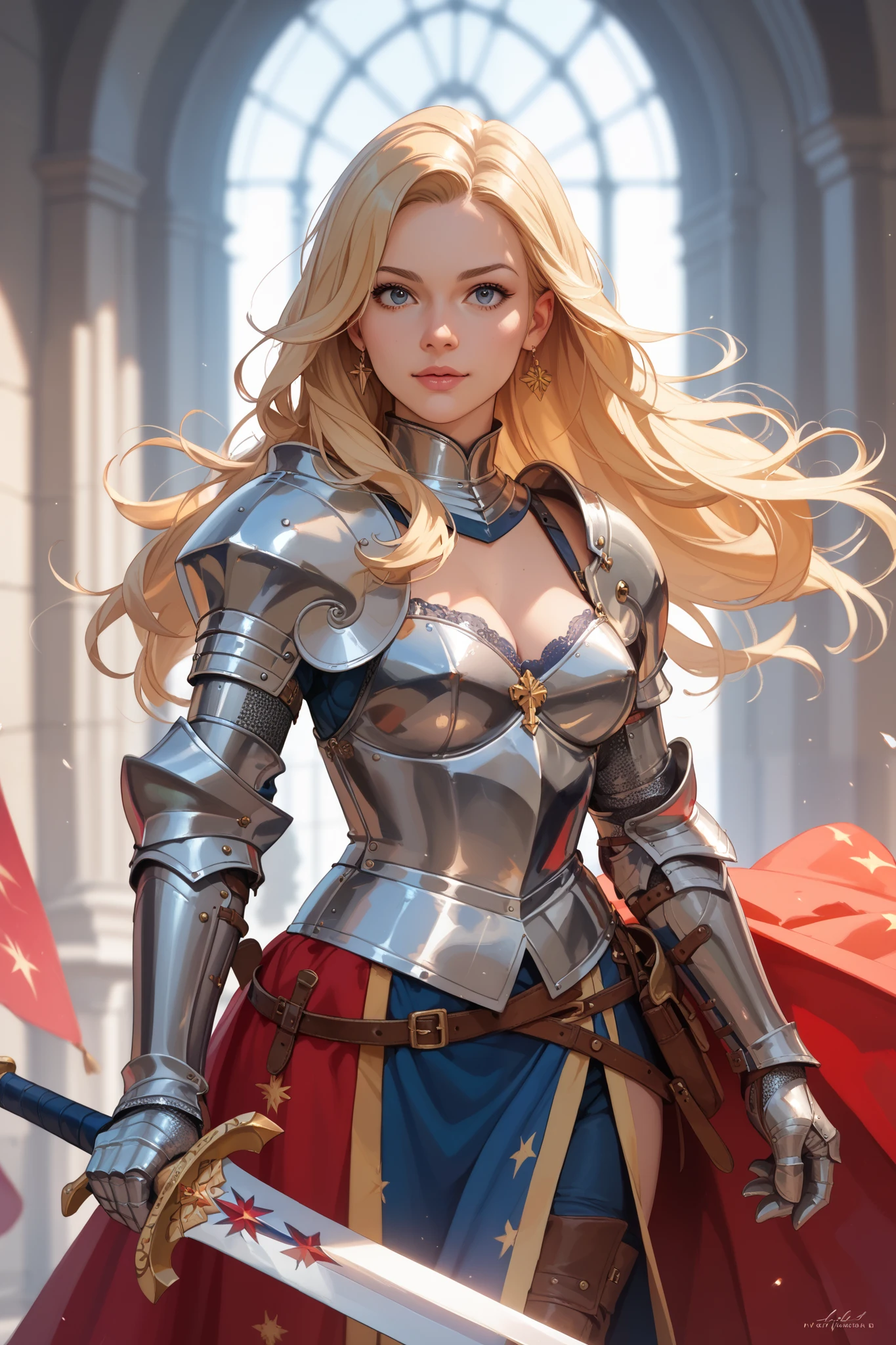long blonde hair, knight, greatsword, 1female, medium breasts, masterpiece, best quality