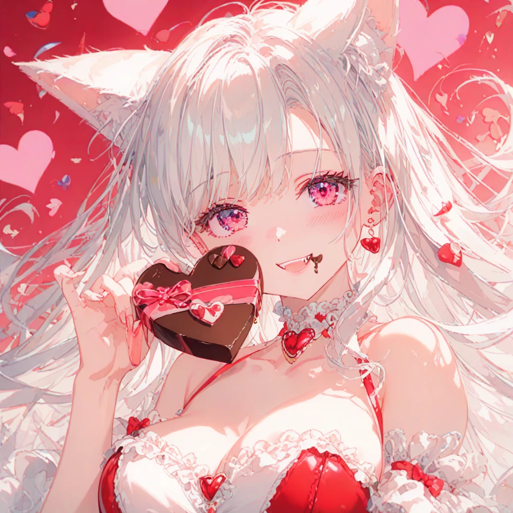 Silver hair, pink eyes, body, cat ears, sexy girl, earrings, heart background fantasy, red pink uniform, hair bow