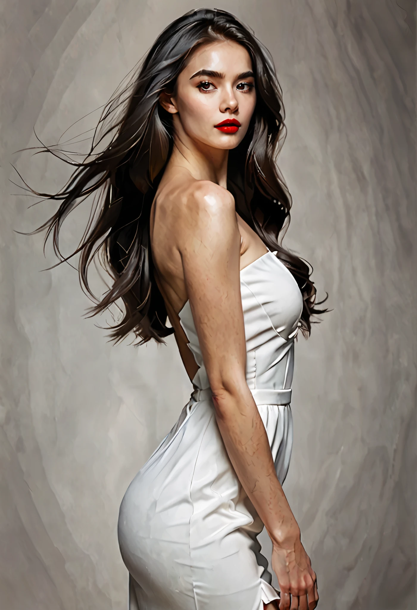 digital art style, one woman, wearing white dress, perfect body, cutout portrait, pretty face, red lips, long dark hair, extrmly pretty,