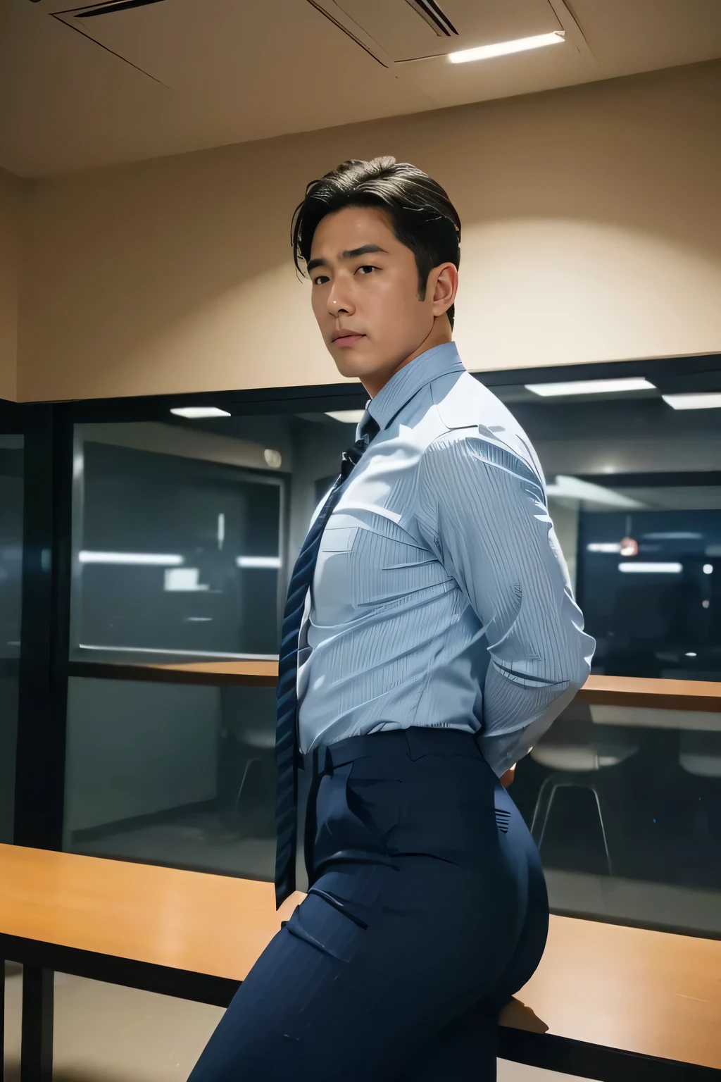 40-year-old boy ,Korean bulky male officer ,Wear navy blue police uniform shirt................ pinstripe navy blue smooth tight trouser, transparent pants obvious underwear print ,((unrealistic super big tight butt wearing pants)), legs wide open, legs on shoulder, missionary POV, men drooling ,8K,Cinematic lighting effects,Textured skin,best qualtiy
