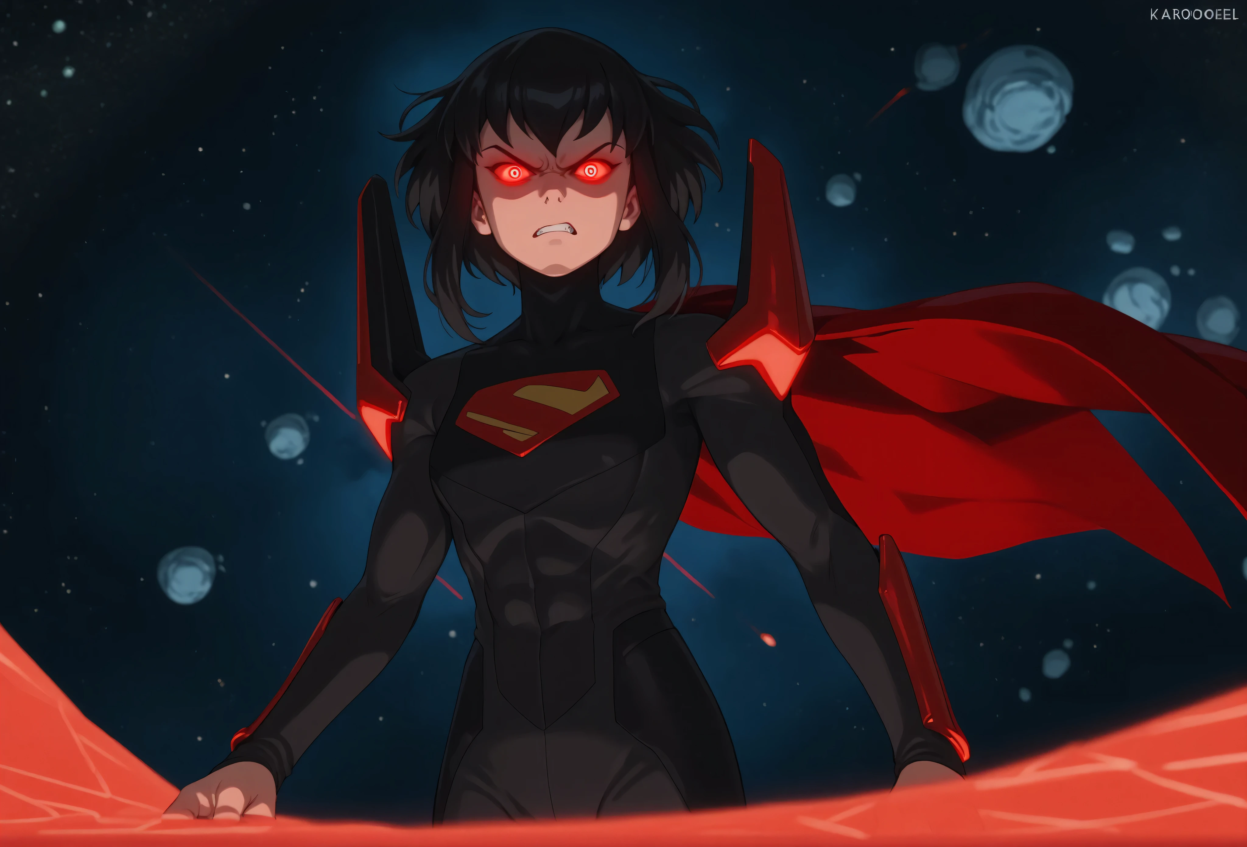 1girl, solo, karazoreldef, red eyes, glowing eyes, red aura, short hair, black hair, medium breasts, toned, karazorelfit, red cape, red glow, black two-tone bodysuit, black shoulder armor, looking at viewer, angry, space, asteroid, floating, airborne, rage, both knuckles close, earth in the background,