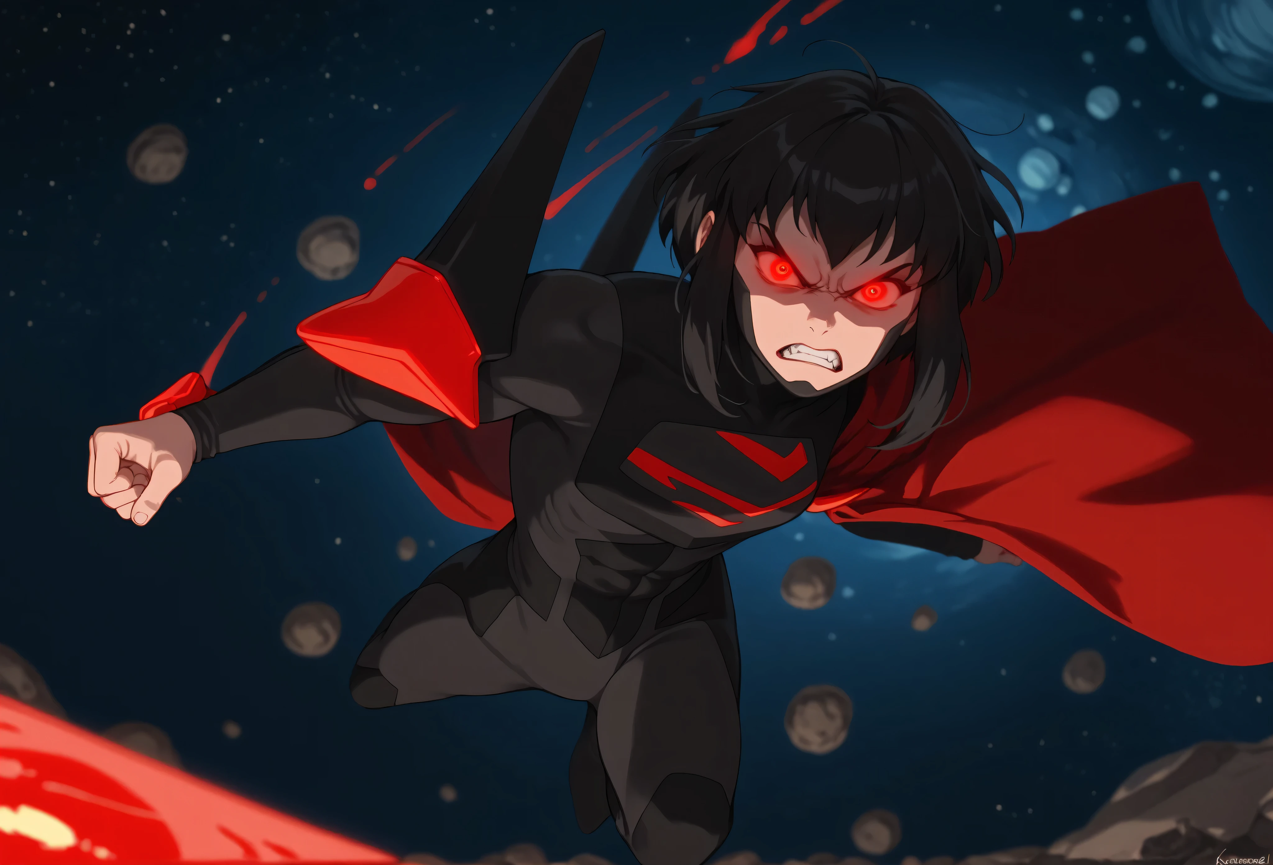 1girl, solo, karazoreldef, red eyes, glowing eyes, red aura, short hair, black hair, medium breasts, toned, karazorelfit, red cape, red glow, black two-tone bodysuit, black shoulder armor, looking at viewer, angry, space, asteroid, floating, airborne, rage, both knuckles close, ready to fight, evil, bloodshot eyes,