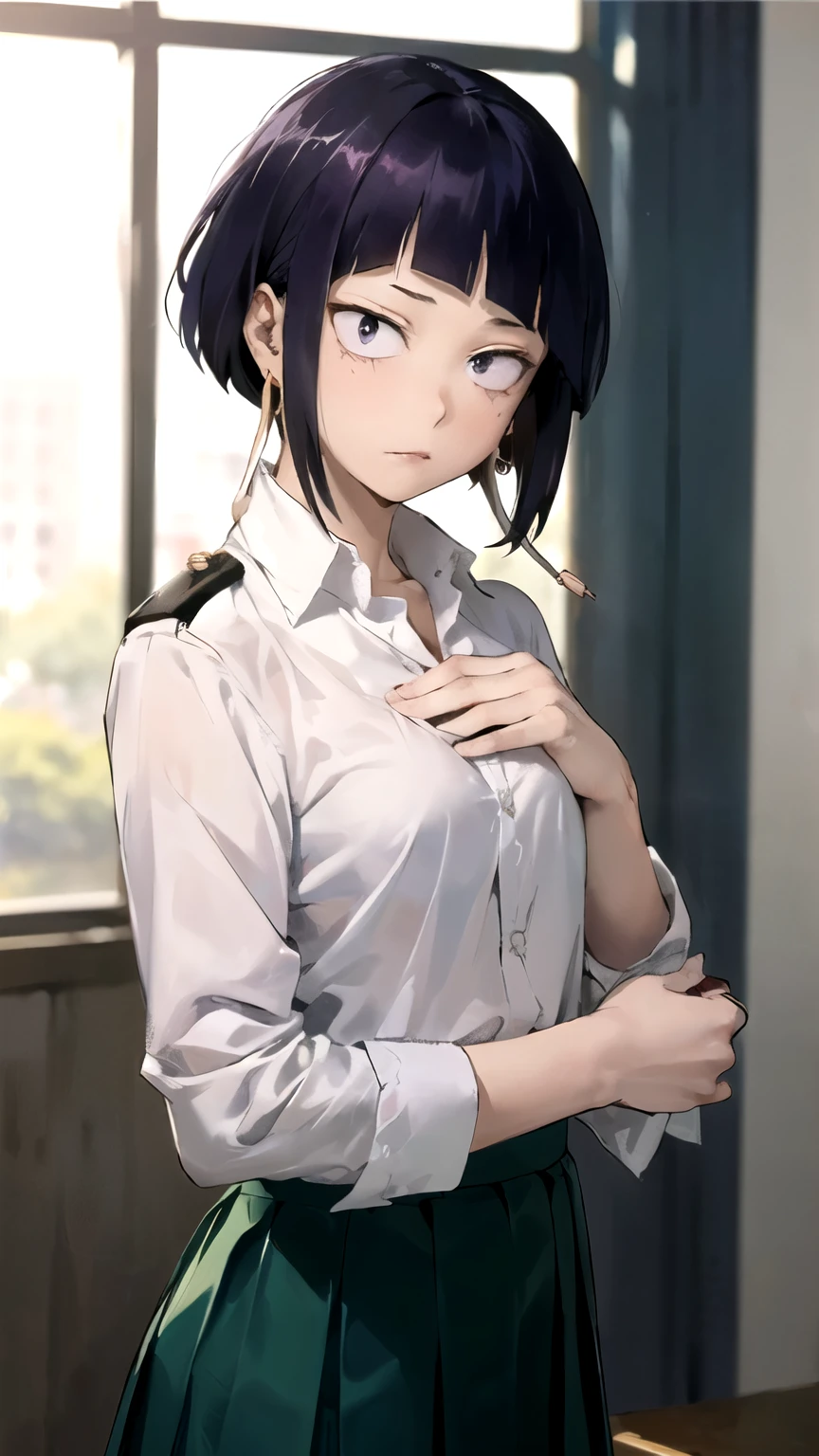 ((masterpiece,best quality)), {Horikoshi_Kouhei_artstyle_LoRA : Manga_Style} {horror_edit : creepy_room_aura} {} { (jirou_kyouka, short hair, blunt bangs, purple hair, long_earlobes, purple eyes, , perfectly_small_shape_breast : perfectly_slender_body : } { , School_uniform : white_shirt : green_skirt,, } { :} {standing_still} { { no_emotion : hypnotic_eyes : hypnotized_eyes }} { sweating } { } : dark room : }