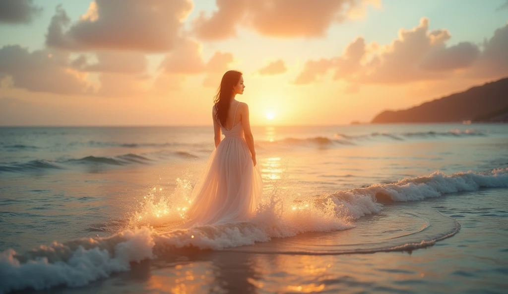 the setting sun,a beauti,White dress,sea beach,Disney,a warm color palette,looking at the distance,detail in face