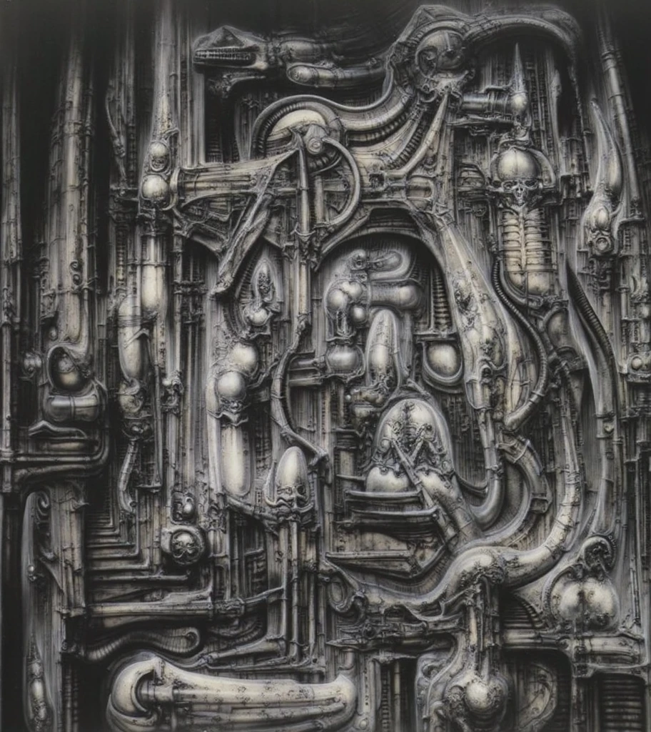 The image is a detailed view of H.R. Giger's \" kunstwerk \" plate, featuring a complex network of bones and organs in a purple-brown hue ,swirling gray and brown colors. The artwork is silver and purplish brown, with an ivory bones prominently displayed. The image is highly detailed and intricate, almost like a 3d version of a medical diagram
The image is an artistic representation of a mechanical structure with pipes and gears, with a skeletal creature and a windmill blade.
The image depicts a complex, mechanical structure with a level of detail achived by fractal algorightmic art, that suggests a sci-fi or futuristic theme.Is a digital artwork featuring a complex, intricate, and colorful design. It is a blend of geometric shapes, lines, and forms that create a sense of depth and dimension.
It's a surreal scene of a robotic humanoid figure placed in a close up of a machine in a building, surrounded by various mechanical parts and structures such as necromorph, energetic beings patrolling, crying cyborg woman, in salvia divinorum, android body, vecna. This plenty of detail keeps the focus on the figures and creates a sense of mystery about their environment.
The image .
biomechanical landscape by Hans Rudie Giger composed of fossilized and mummified alien life forms. Image depicts a strange and dreamlike, combines biological and mechanical ,managed to dreamlike quality. Centralized recognizable shapes of skulls, rib cages, and spines, all intertwined with tubes and cables. These shapes suggest fossilized mummified alien life forms. Central skeletal structures and what appears to be a ribcags of ivory in the foreground are the most identifiable organic elements. The mechanical elements are evident in the wires and tubes emanating from the skeletals, as well as the smooth metallic tubes. In the background shapes are visible that could be interpreted as other fossilized or mummified alien life.
Light source from the top highlights skeletals,