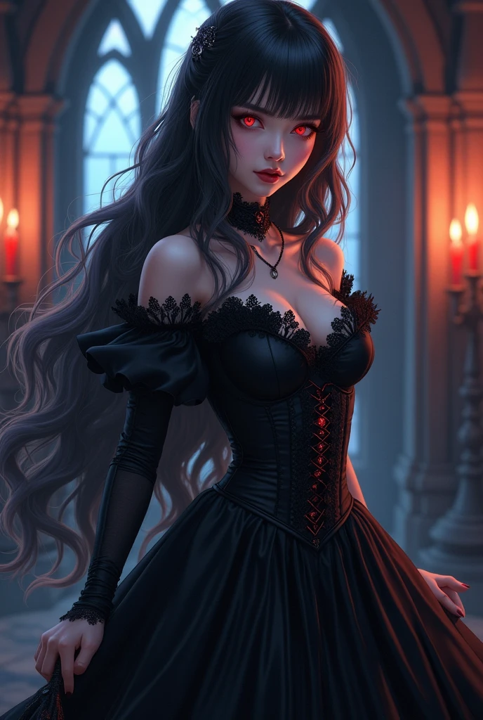 "((close up potrait)), Dark fantasy, gothic style, beautiful vampire queen, wearing a gothic-style dress, (with a bloodthirsty smile and blood on the face and body), and a blood moon in the background. The scene is set in a gothic castle with lots of shadow small bats, emphasizing the pale skin and glowing eyes."