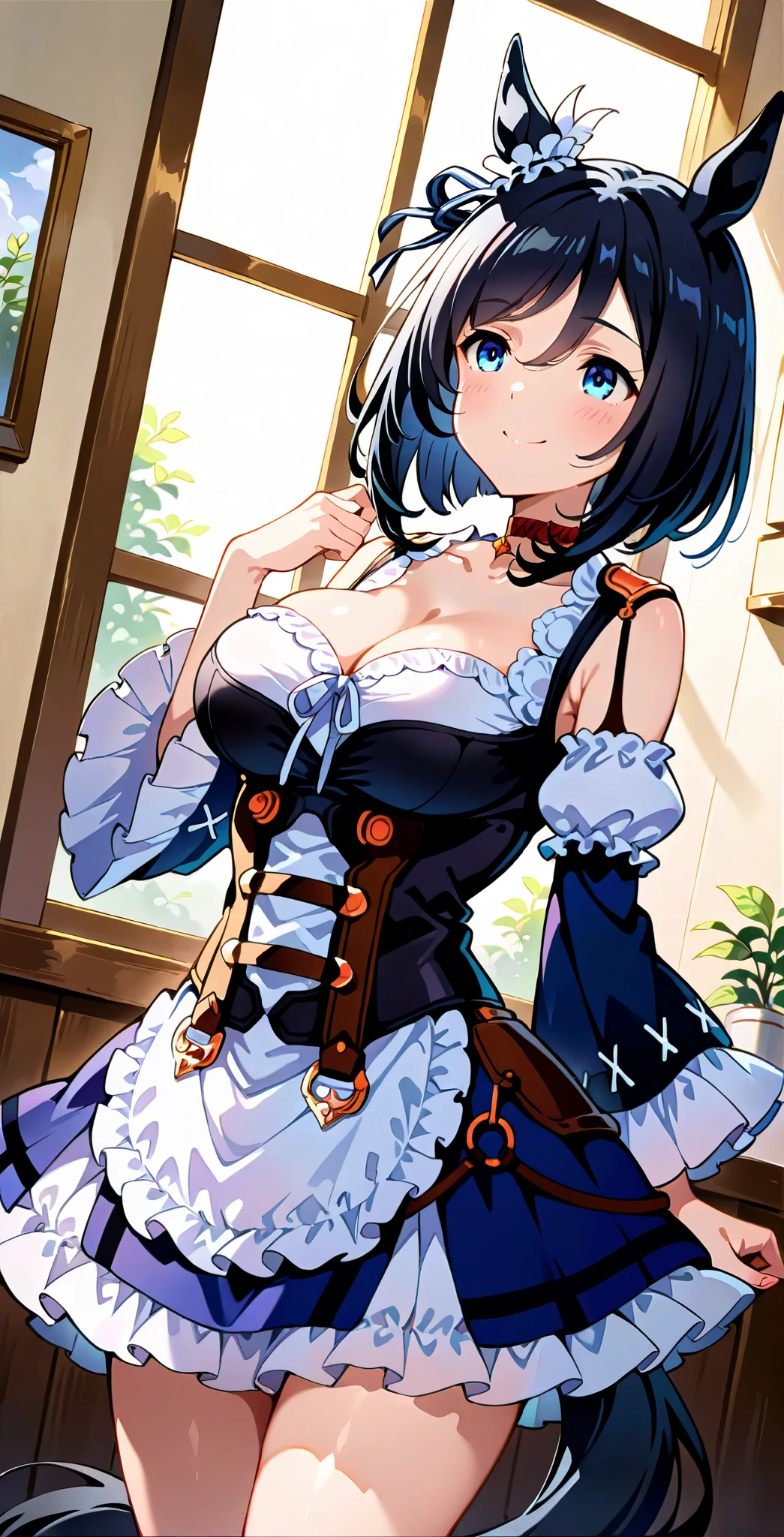 high resolution picture, masterpiece, best quality, amaging quality,、1 girl、Eishin Flash_Uma Musume: Pretty Derby)}、cowboy shot, horse tail, smile,, looking at you, standing, ,animal ears, frill costume、