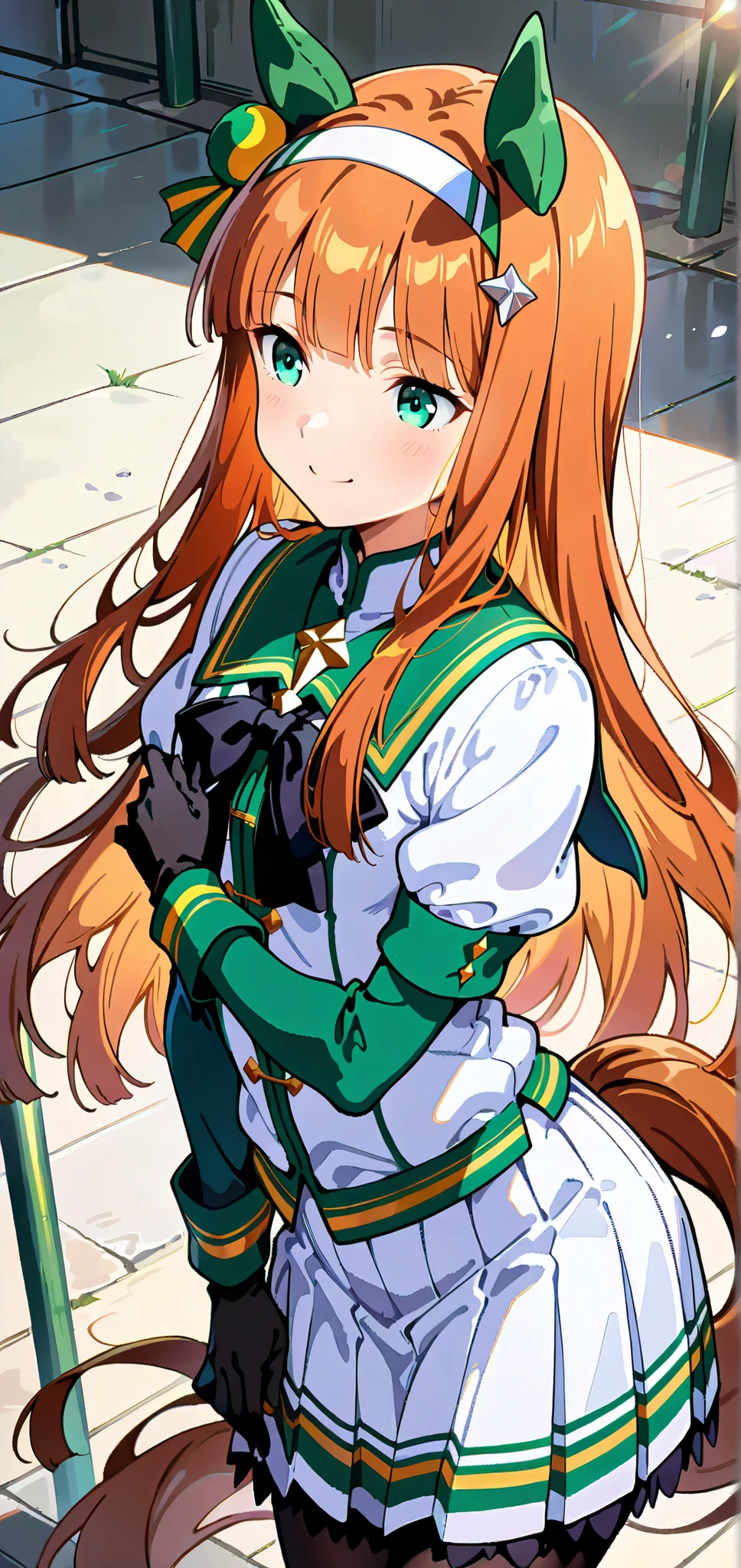high resolution picture, masterpiece, best quality, amaging quality,、1 girl、Silence suzuka_Uma Musume: Pretty Derby)}、cowboy shot, horse tail, smile,, looking at you, standing, smile, long hair, animal ears, ear covers, white hairband, horse tail, green sailor collar, black bow, white shirt, layered sleeves, green sleeves, black gloves, white skirt, black pantyhose