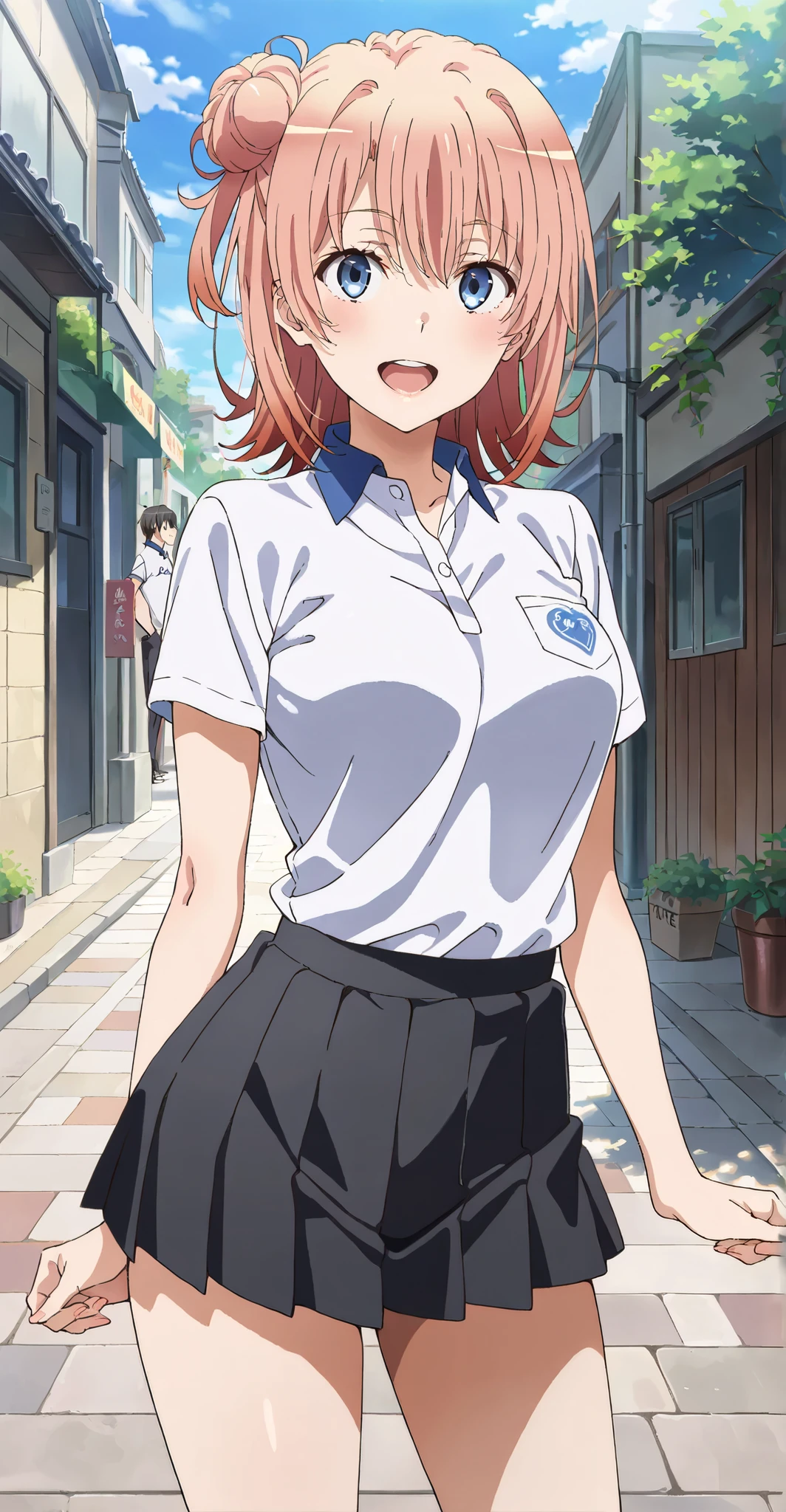 high resolution, masterpiece, best quality, amaging quality,1 girl, Yuigahama Yui(Yahari Ore no Seishun Love Comedy wa Machigatteiru))、 polo shirt、tight mini skirt、medium breasts、town、street、happy,cowboyshot,looking veiwer、