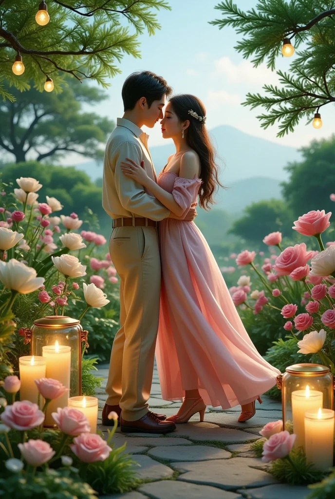 In a captivating digital art masterpiece, a couple shares a romantic dance in the center of an enchanting garden on Valentine's Day. The scene is illuminated by floating candles and lanterns, casting a warm, soft glow. The intricate details of the garden, from the delicate petals of the flowers to the lush green foliage, are rendered in stunning 8K resolution. The couple, lost in their embrace, exudes a sense of deep love and connection. The atmosphere is filled with a magical and dreamy quality, enhanced by the gentle light and the serene beauty of the surroundings.