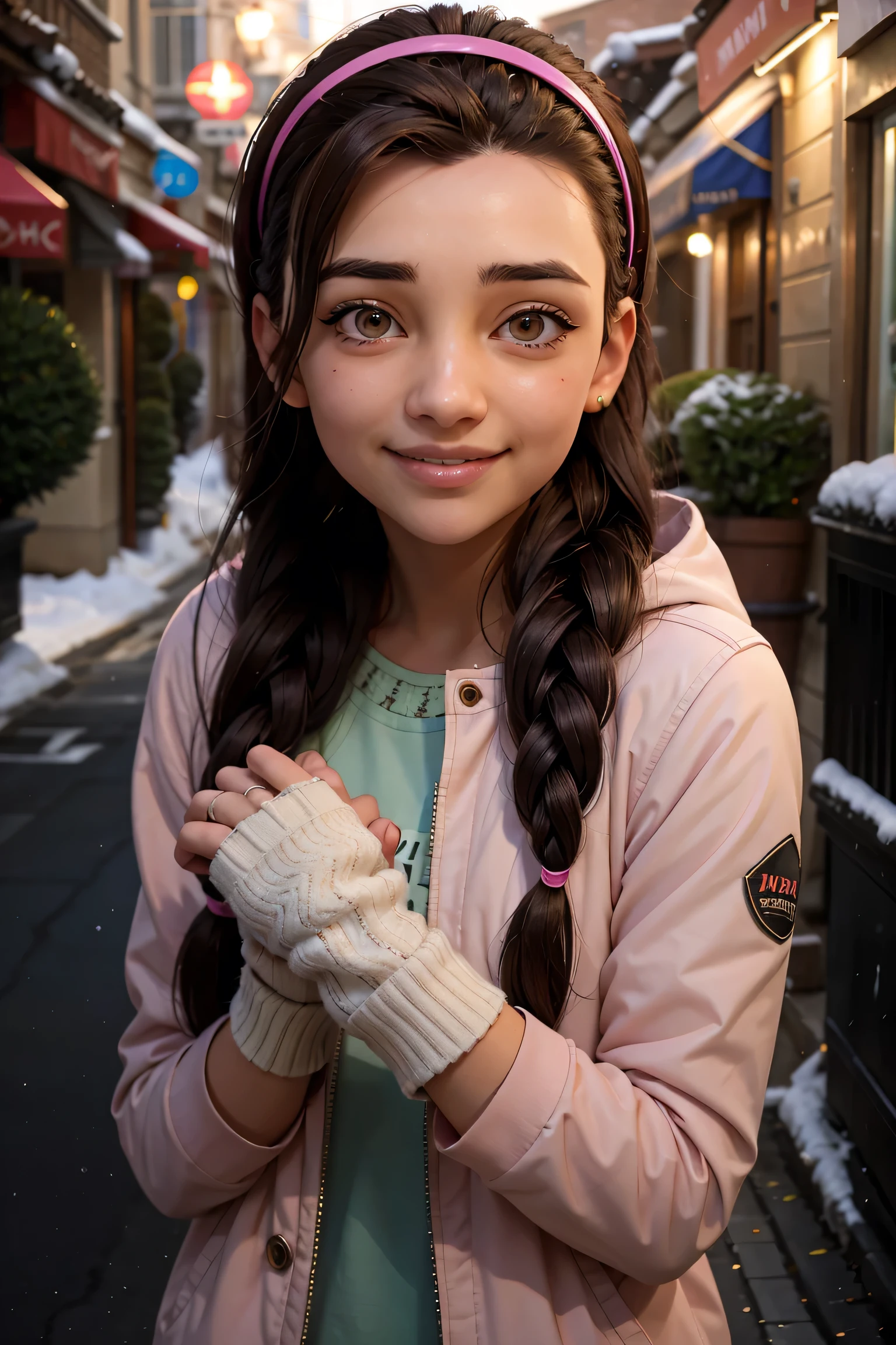 An impressive and intricate full color portrait, Ultra-HD a girl, brown hair with 2 braids, brown eyes, pink headband, detailed face, dressed in a winter jacket, no logos, epic character composition, alessio albi, nina masic, sharp focus, natural lighting, subsurface dispersion, f2, 35mm, winter, snow, snowfall, winter gloves, romantic, smiling with teeth, happy face. 