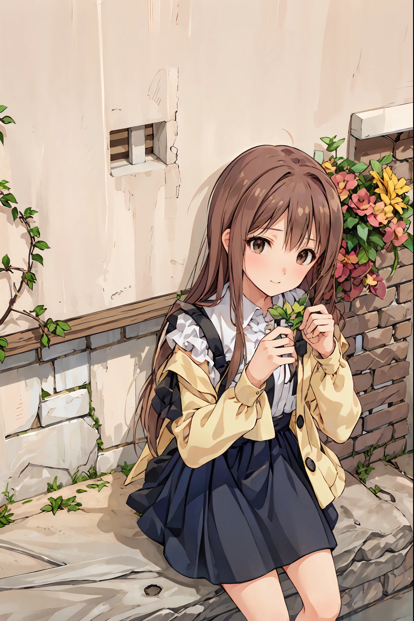 1 girl, Masterpiece, top quality, photorealistic, Feather_Duriqui, Brown hair sitting , shortcuts, unkempt hair,Short braided hair,Neat, slender beautiful woman, correct posture,Small chest, beautiful legs, enchanting gray-blue eyes shine like stars, droopy eyes , vibrant colors, beautiful eyes,A delicate smile,Textured Skin, Best Quality at its Best , gentle and beautiful woman , anime style、