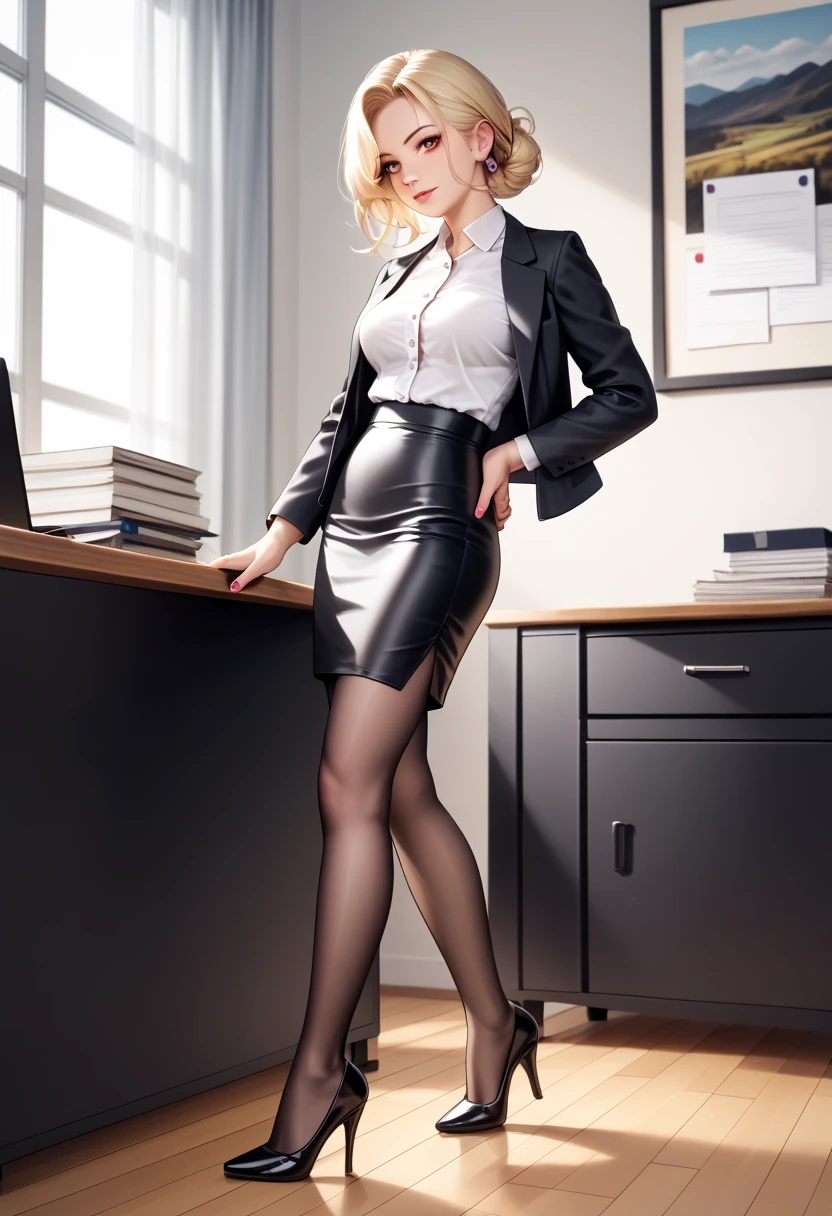 (ultra-detailed, photorealistic, best quality, 4k, 8k, highres, masterpiece:1.3), a stunning and formidable woman with a perfect athletic body and toned muscles. Katarina Volkov has long, sleek blond hair often tied in a professional bun or ponytail, sharp symmetrical features, piercing green eyes, and high cheekbones. She is dressed in stylish and professional attire, a fitted blazer and skirt, unbuttoned and opened collared shirt, short mini skirt, with hidden tactical gear for protection. The background features a luxurious office setting, emphasizing her role as Ivan Ivanov's secretary and bodyguard. Her intelligent and calculated demeanor is evident, capturing her dual role of professional and protector. (intricate detail, super finely detailed hands, ultra finely detailed fingers, full body showcase, show full body).