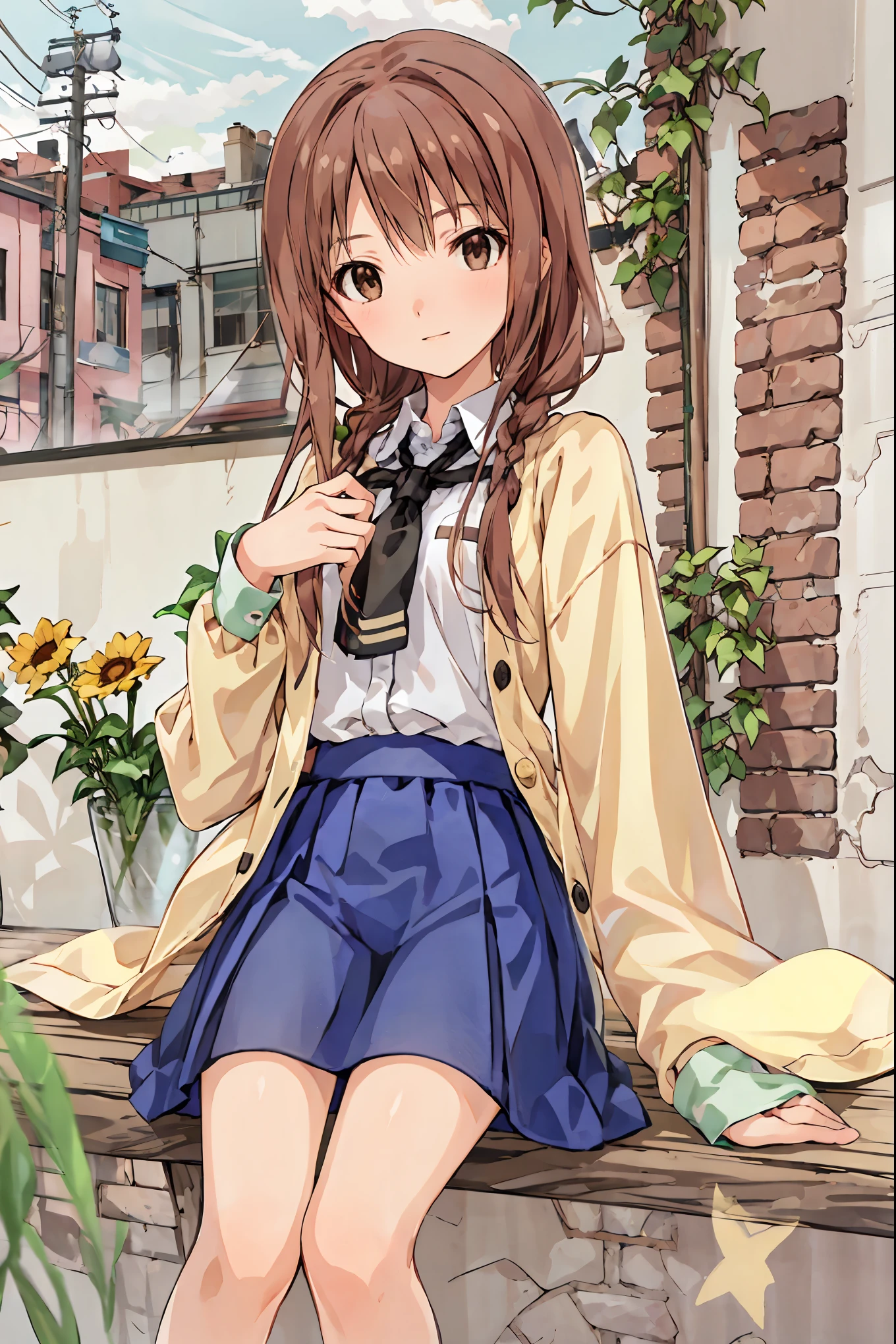  1 girl,  Masterpiece,  top quality,  photorealistic,   Feather_Duriqui, Brown hair sitting ， shortcuts， unkempt hair，Short braided hair，Neat， slender beautiful woman， correct posture，Small chest， beautiful legs， enchanting gray-blue eyes shine like stars， droopy eyes ， vibrant colors, beautiful eyes,A delicate smile,Textured Skin, Best Quality at its Best , gentle and beautiful woman , anime style､