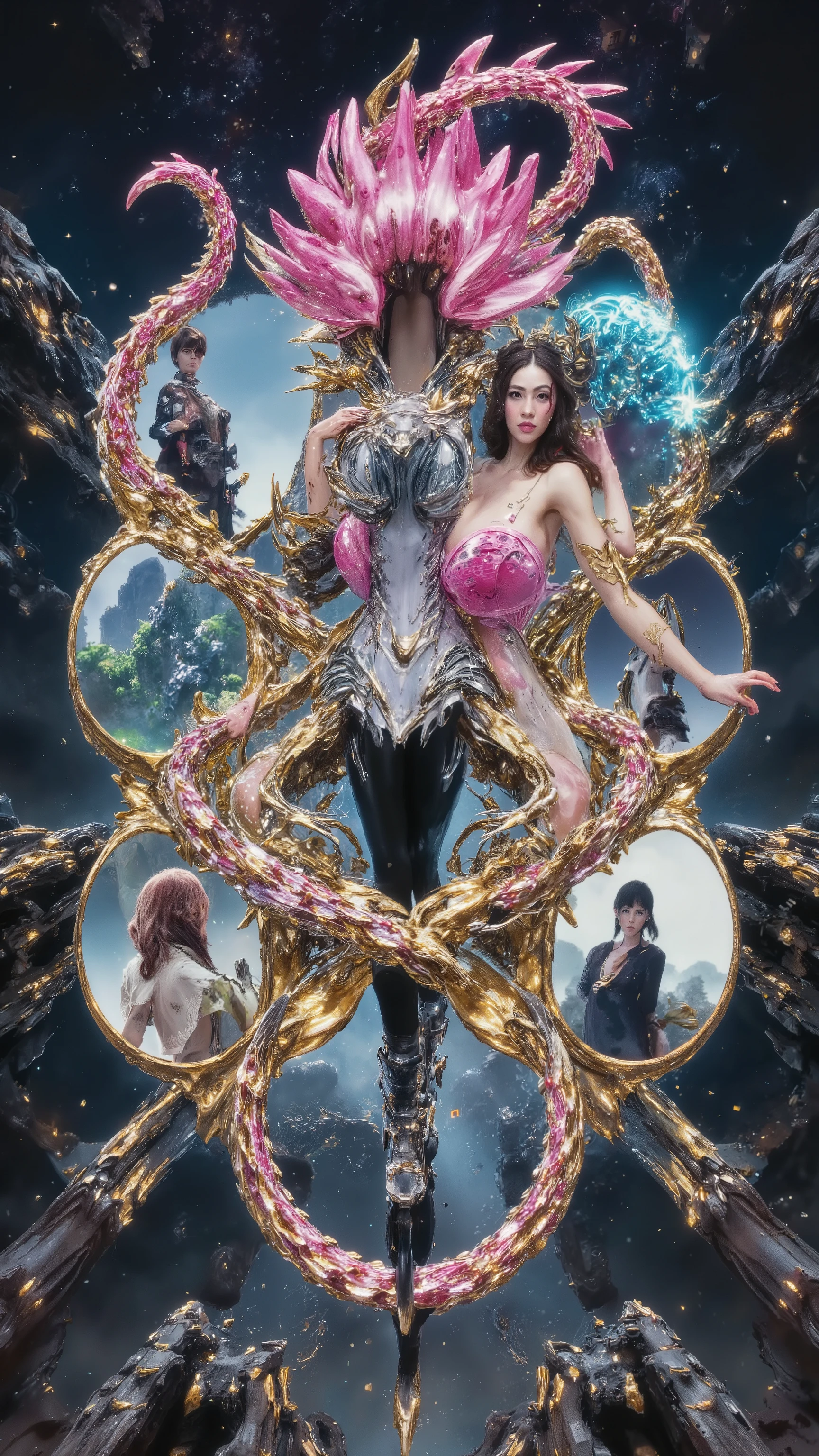 设计一副好莱坞香艳大师创意设计的绚丽Magnificent Mega Production 电影宣发版超级 Delicate and Exquisite 海报。 classic and elegant ,Creative geometric structure character layout, epic production scene ,特种镜头多horn度拍摄, multiple scenes stitched and nested 。(Super real、Super complex、 super detailed 、Super clear、Super-sharp 、HDR、 super high quality output、 Super Visual Effects Engine secondary rendering :2)。 high-tech cybermythology fantasy monsters, shemales, fake queen, idol group,Personalized Fury team array,女主horn群像,Combines (Centaurs, Centaurs, Centaurs, Centaurs:1.8)、 facial features Axial asymmetry 、 High-tech beauty 、 pink fun charm 、粉红情趣提夫林等奇幻horn色, the Queen's team ,超过五位horn色。重点突出horn色特点:Beauty、Tear mole、 Blonde 、 Pony Real GuoFeng 、 mini fairy fairy 、 explosion curve 、 golden ratio 、 lean ribs with ultra-low body fat percentage 、(Jelly feeling, super huge and heavy chest is swollen:1.8)、Super slim legs 、 narrow ribs 、Ultra-thin waist 、Hate the sky、pride、grace、Strong at heart、Colorful、gorgeous、sacred、 make full use of the picture space 、超越现实与常规的Sexual tension,horn色造型。 mythological genetic adjustment , use top artistic guidance makeup props ,Metals used、gem、 tall and beautiful body ,3D Printing,超现实调整horn色的外观,使horn色们生理完美、 genetic adjustment 、 Tentacle-like appearance 、Fantasy and sexy,(一体化完美融合精密衔接无缝嵌套生化赛博Mythological Creatures特征:horn、Feather、Chitin 、scale、tail、tentacles, etc.:1.8)。(Concentrated computing power to use the real physics engine to make the ultimate use of the screen space,Creative design details, use camera language Non-direct 、Metaphor 、暗藏玄机horn色殿堂级的性特征与超凡Sexual tension:1.8)。以软情趣 cyberfantasy 饰品隐形打码, makes the picture match 14 + review requirements ,Special sensitive areas,Artistic decoration。流媒体 creative moves ,Stereo画面张力,3A masterpieces character collaboration and interaction。 half man half man half horse , The Succubus dancer with a grand mood , fragrant picture , polymer and other materials , superb technical movements , complex terrain , style architecture , interactive 。 crystal foot ring , dynamic costume ,grace体态, new Chinese style 、西式gorgeous混搭,The contrast between majesty and charm,horn色造型。 partner , innocence shines , multiple color light , surrealism ,realism,visual effects。 Starry sky super giant logo , shines brightly ,Ancient runes, like a meteor drawn 。( keywords:Magnificent Mega Production 、 Delicate and Exquisite 、 Movie Poster 、Sexual tension、Artistic decoration、 top visual effects 、 cyberfantasy 、 biochemical fusion 、 creative moves 、Stereo、Mythological Creatures、 the Queen's team 、女主horn群像、 interactive 、horn色造型、 surrealism :1.8)。