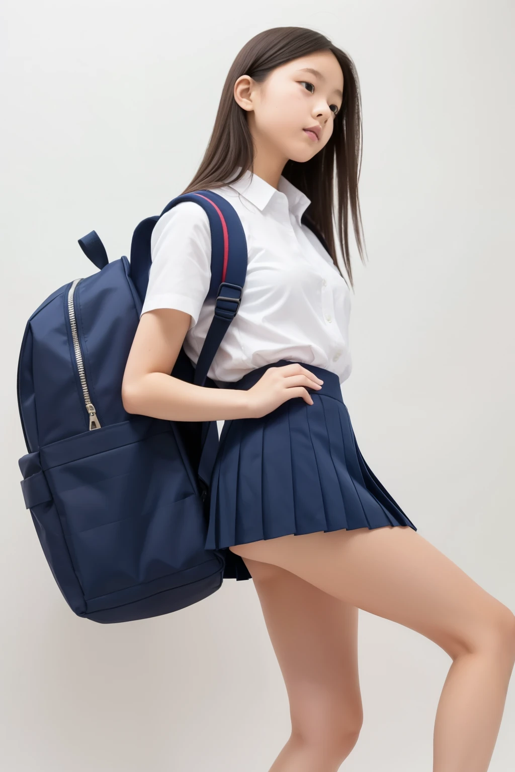 white background,A female elementary school student wearing a uniform walks in, long legs, navy blue pleated mini skirt that shows your face:1.5, white collared shirt,navy blue school vest, carrying a red backpack, white sneakers,Reflect the whole body, White Panties, low angle,from below,