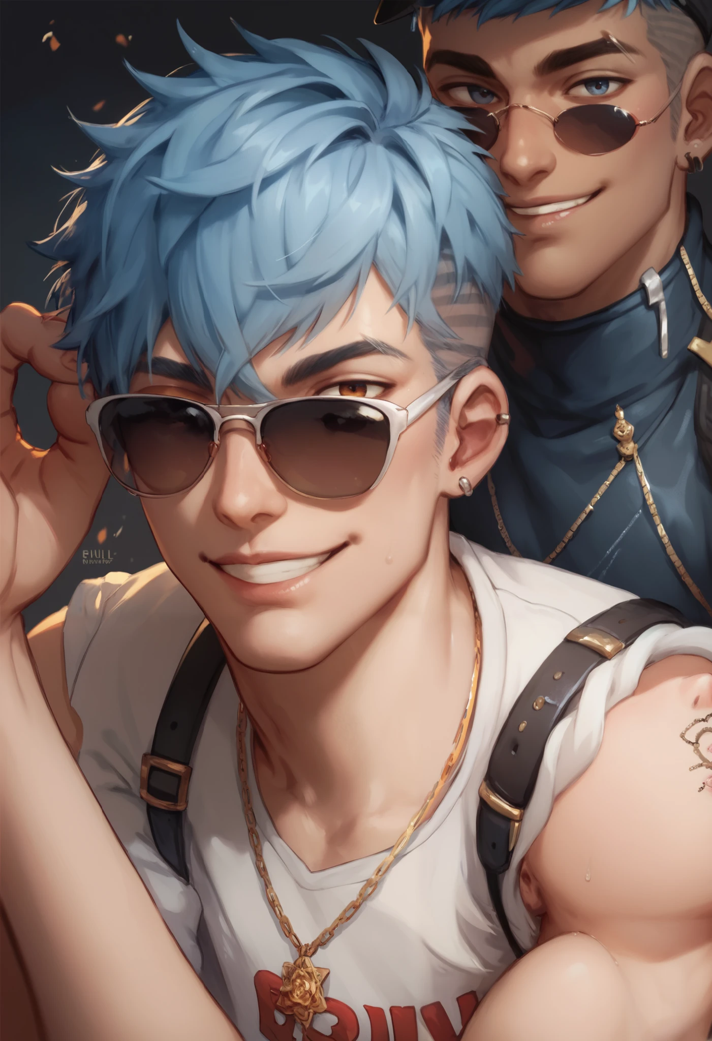 Dark boy, dark-skinned, light blue hair and sunglasses that cover their eyes, rebellious hair on one side , With a smile