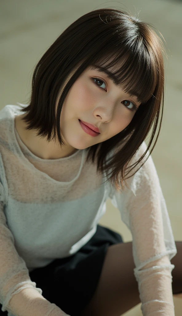 A woman squatting and sitting in front of me in the small school toilet、Pull down your pants、Beautiful Face、Beige Hair、Realistic young gravure idol、View from the ceiling above、Upper body close-up