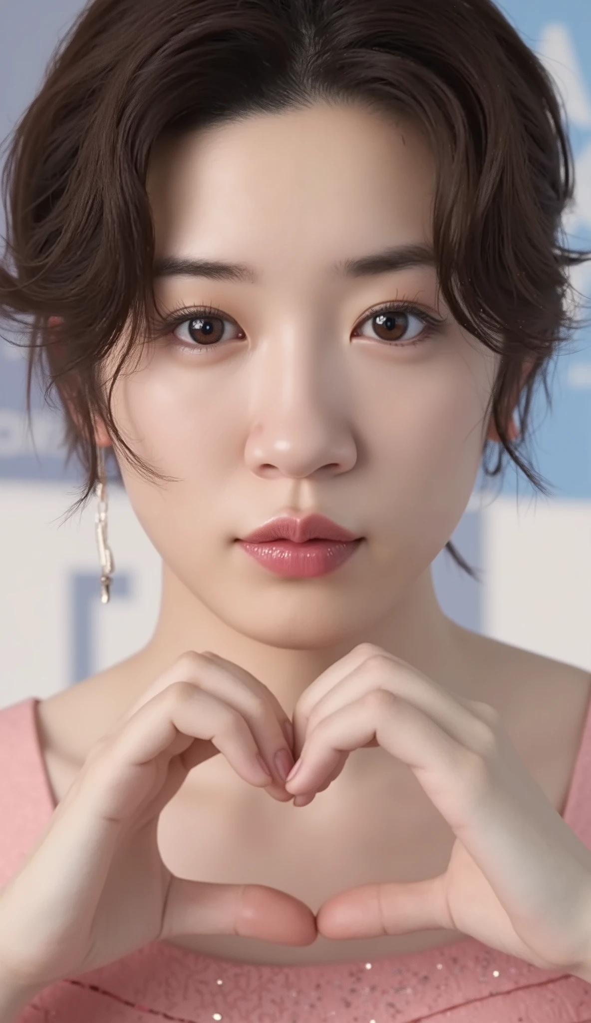smile making a heart shape with hands:2.0、Tilt your face slightly to the right ;2.1 (Ultra-precise human anatomy , top quality、 RAW Photo、8k、32K、 Masterpiece、 by Nomi、 photorealistic:1.37)、Cute Japanese women images、 tank top、 in natural light、 upper body、 in the seat、Photo Mapping、 physical based rendering 、Excellent image quality、 Hi-Res、1080P、( beautiful face)、( face )、( Detailed description of the hand setter'Muscle area)、( CG in detail)、 rich details 、( Stunning Features :1.35)、( fine eyes )、 I'm looking forward to your eyes 、Delicate clavicle、 different poses、非常にリアルで詳細な若い女性の upper bodyポートレート。The skin is beautiful、 Soft Light Reflects High on Your Cheeks .、 Tiny pores and hair follicles、 You can see even the thinnest blood vessels 。The skin is smooth、natural flushing of cheeks 、 gives off a healthy glow 。 My eyes are big and clear blue 、Her iris has fine patterning、 Light is reflecting and shining in the eye。 There is a slight shadow under her eye 、 The eyelashes are long and naturally curled 。 her lips are soft pink 、Smooth texture with a natural glow、 Slightly reflects light。 topless and smiling .、 background is pale black and white gradation .、焦点は完全に顔と upper bodyに当たっている。 by Nomi shadows and textures、 picture-like depiction.。