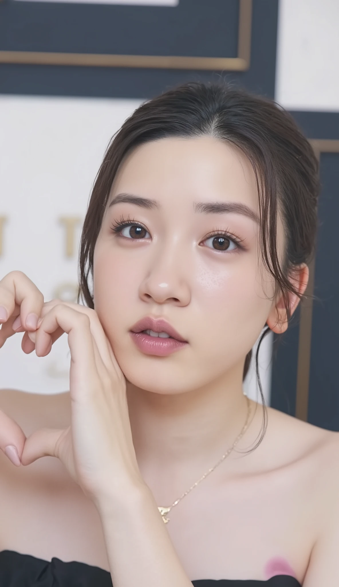 smile making a heart shape with hands:2.0、Tilt your face slightly to the right ;2.1 (Ultra-precise human anatomy , top quality、 RAW Photo、8k、32K、 Masterpiece、 by Nomi、 photorealistic:1.37)、Cute Japanese women images、 tank top、 in natural light、 upper body、 in the seat、Photo Mapping、 physical based rendering 、Excellent image quality、 Hi-Res、1080P、( beautiful face)、( face )、( Detailed description of the hand setter'Muscle area)、( CG in detail)、 rich details 、( Stunning Features :1.35)、( fine eyes )、 I'm looking forward to your eyes 、Delicate clavicle、 different poses、非常にリアルで詳細な若い女性の upper bodyポートレート。The skin is beautiful、 Soft Light Reflects High on Your Cheeks .、 Tiny pores and hair follicles、 You can see even the thinnest blood vessels 。The skin is smooth、natural flushing of cheeks 、 gives off a healthy glow 。 My eyes are big and clear blue 、Her iris has fine patterning、 Light is reflecting and shining in the eye。 There is a slight shadow under her eye 、 The eyelashes are long and naturally curled 。 her lips are soft pink 、Smooth texture with a natural glow、 Slightly reflects light。 topless and smiling .、 background is pale black and white gradation .、焦点は完全に顔と upper bodyに当たっている。 by Nomi shadows and textures、 picture-like depiction.。