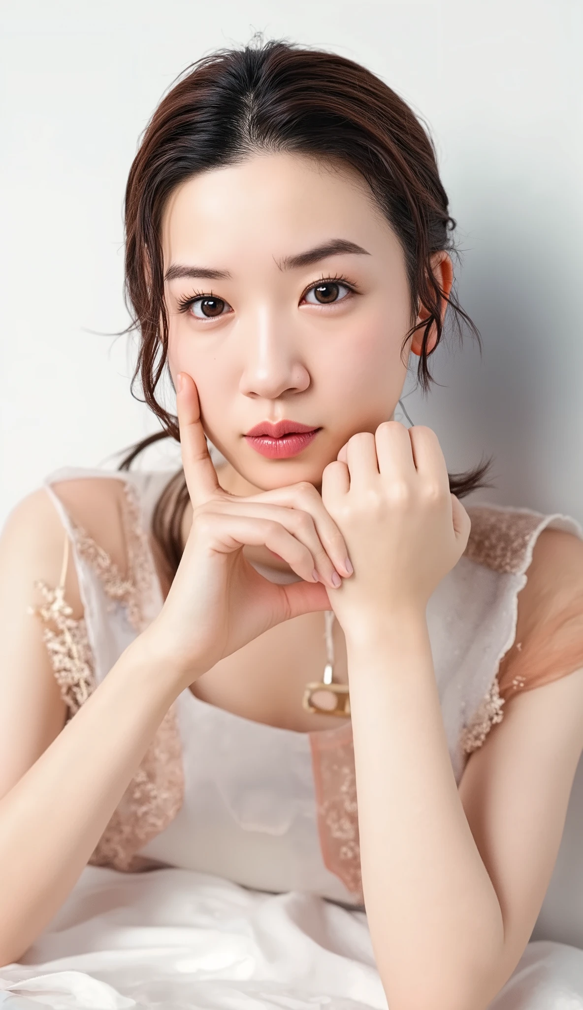 smile making a heart shape with hands:2.0、Tilt your face slightly to the right ;2.1 (Ultra-precise human anatomy , top quality、 RAW Photo、8k、32K、 Masterpiece、 by Nomi、 photorealistic:1.37)、Cute Japanese women images、 tank top、 in natural light、 upper body、 in the seat、Photo Mapping、 physical based rendering 、Excellent image quality、 Hi-Res、1080P、( beautiful face)、( face )、( Detailed description of the hand setter'Muscle area)、( CG in detail)、 rich details 、( Stunning Features :1.35)、( fine eyes )、 I'm looking forward to your eyes 、Delicate clavicle、 different poses、非常にリアルで詳細な若い女性の upper bodyポートレート。The skin is beautiful、 Soft Light Reflects High on Your Cheeks .、 Tiny pores and hair follicles、 You can see even the thinnest blood vessels 。The skin is smooth、natural flushing of cheeks 、 gives off a healthy glow 。 My eyes are big and clear blue 、Her iris has fine patterning、 Light is reflecting and shining in the eye。 There is a slight shadow under her eye 、 The eyelashes are long and naturally curled 。 her lips are soft pink 、Smooth texture with a natural glow、 Slightly reflects light。 topless and smiling .、 background is pale black and white gradation .、焦点は完全に顔と upper bodyに当たっている。 by Nomi shadows and textures、 picture-like depiction.。