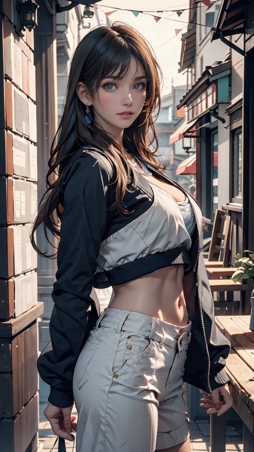 Defined female body, thick thighs, cybernetic body parts, black shorts, black training bra, cat ears, caramel brown eyes, long brown brown hair,