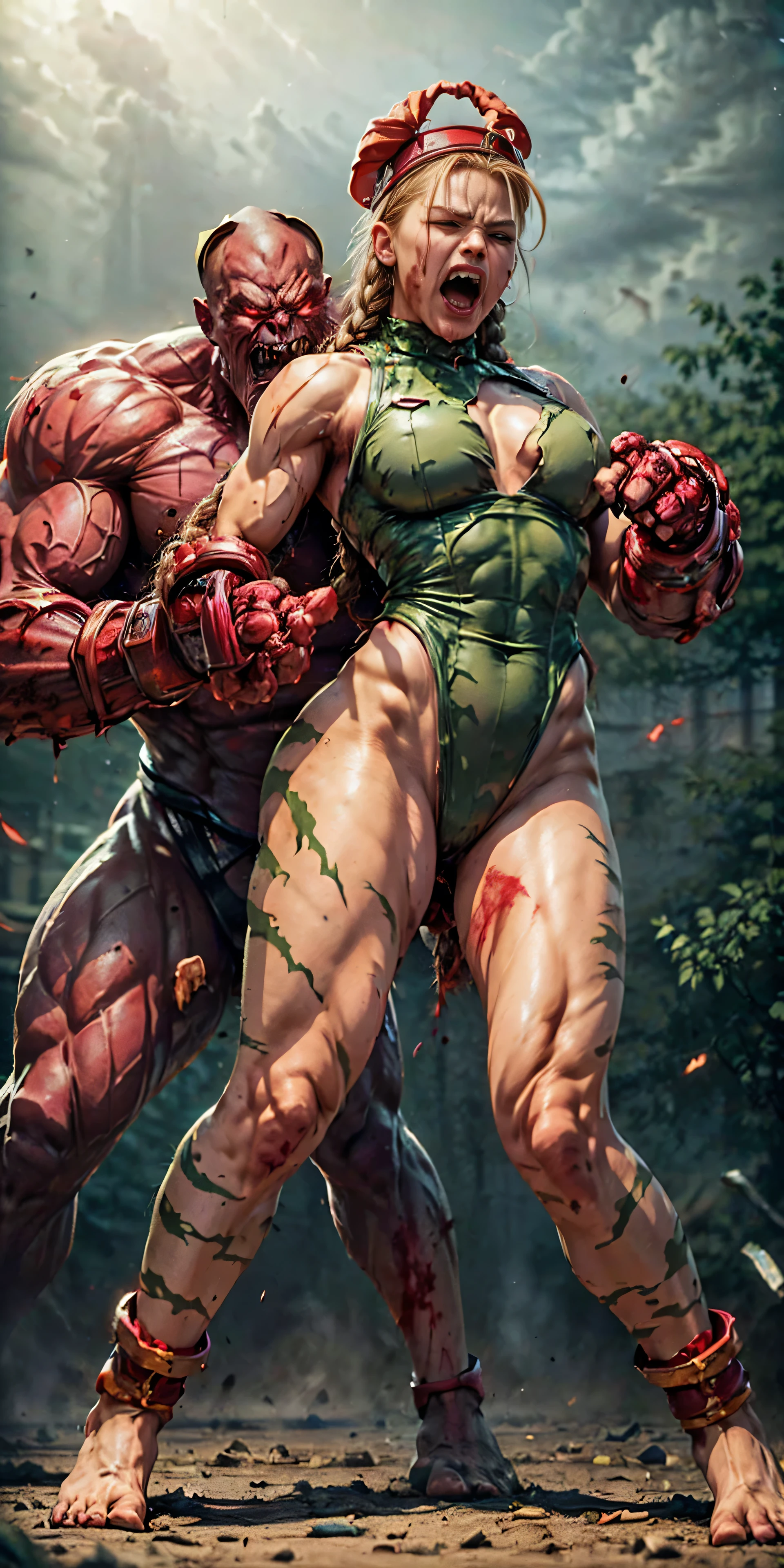 (The 8k quality, Ultra-high-resolution quality, Ultra high definition, Photorealistic, Best Quality):1.5, (masterpiece):1.4,
(camera angle from the front view):7.0,
(in the ruined boxing ring):5.5,
(no NSFW, depiction of escape from brutal violence battle, bloody brutal violence, hetero):5.0, (brutal battle of beautifully shaped 1 huge THANOS from Street Fighter and 1 cammy white):10.0, (v1ct0ry, hold by head, head grab, legs off ground, legs dangling, arms dangling, full body view, CarnageStyle, (blood_red:1.5)):10.0, (brutal violence, 1 muscular THANOS from Street Fighter is grabbing cammy white's head violently from her side, grab head):15.0, (1 cammy white grabbed head from side, a little smaller breasts):10.0, (1 bewitching cammy white, cammy white, twin braids, long hair, blonde hair, antenna hair, beret, (red headwear:1.3), blue eyes, scar on cheek, large breasts, green leotard, sleeveless, red gloves, fingerless gloves, camouflage, lowered both arms, leaning backward):9.0, (extremely screaming face with pain, bloody face, closed eyes, medium build, medium height, broken armor):5.5,