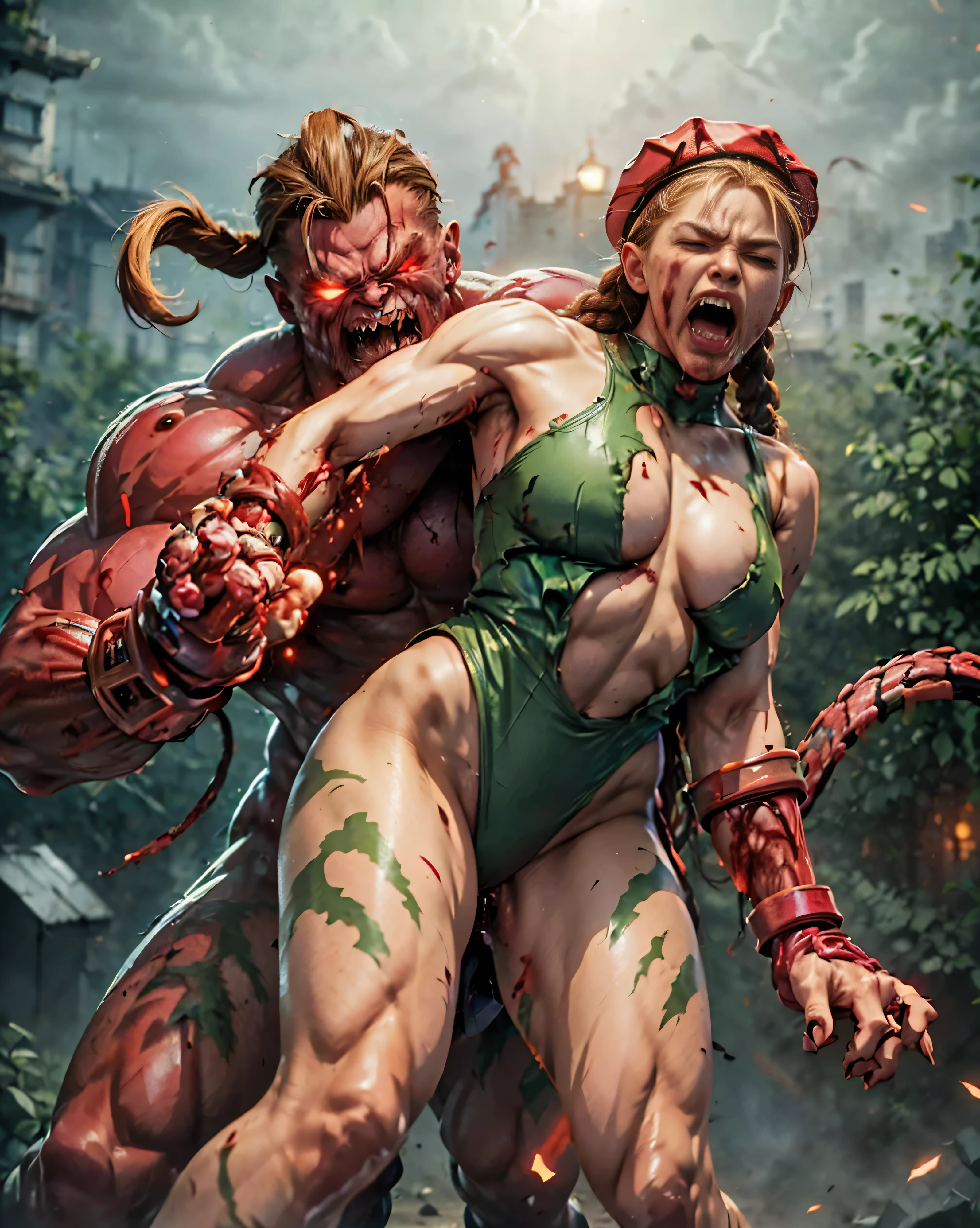 (The 8k quality, Ultra-high-resolution quality, Ultra high definition, Photorealistic, Best Quality):1.5, (​masterpiece):1.4,
(camera angle from the front view):7.0,
(in the ruined boxing ring):5.5,
(no NSFW, depiction of escape from brutal violence battle, bloody brutal violence, hetero):5.0, (brutal battle of beautifully shaped 1 huge THANOS from Street Fighter and 1 cammy white):10.0, (v1ct0ry, hold by head, head grab, legs off ground, legs dangling, arms dangling, full body view, CarnageStyle, (blood_red:1.5)):10.0, (brutal violence, 1 muscular THANOS from Street Fighter is grabbing cammy white's head violently from her side, grab head):15.0, (1 cammy white grabbed head from side, a little smaller breasts):10.0, (1 bewitching cammy white, cammy white, twin braids, long hair, blonde hair, antenna hair, beret, (red headwear:1.3), blue eyes, scar on cheek, large breasts, green leotard, sleeveless, red gloves, fingerless gloves, camouflage, lowered both arms, leaning backward):9.0, (extremely screaming face with pain, bloody face, closed eyes, medium build, medium height, broken armor):5.5,