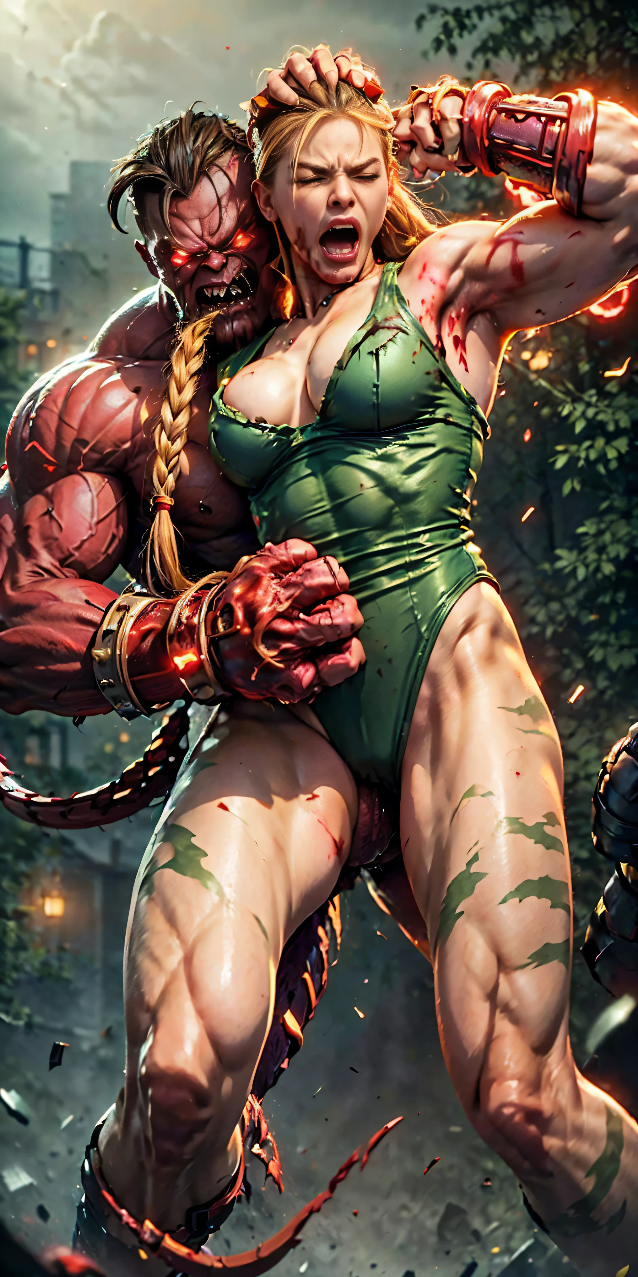 (The 8k quality, Ultra-high-resolution quality, Ultra high definition, Photorealistic, Best Quality):1.5, (masterpiece):1.4,
(camera angle from the front view):7.0,
(in the ruined boxing ring):5.5,
(no NSFW, depiction of escape from brutal violence battle, bloody brutal violence, hetero):5.0, (brutal battle of beautifully shaped 1 huge THANOS from Street Fighter and 1 cammy white):10.0, (v1ct0ry, hold by head, head grab, legs off ground, legs dangling, arms dangling, full body view, CarnageStyle, (blood_red:1.5)):10.0, (brutal violence, 1 muscular THANOS from Street Fighter is grabbing cammy white's head violently from her side, grab head):15.0, (1 cammy white grabbed head from side, a little smaller breasts):10.0, (1 bewitching cammy white, cammy white, twin braids, long hair, blonde hair, antenna hair, beret, (red headwear:1.3), blue eyes, scar on cheek, large breasts, green leotard, sleeveless, red gloves, fingerless gloves, camouflage, lowered both arms, leaning backward):9.0, (extremely screaming face with pain, bloody face, closed eyes, medium build, medium height, broken armor):5.5,
