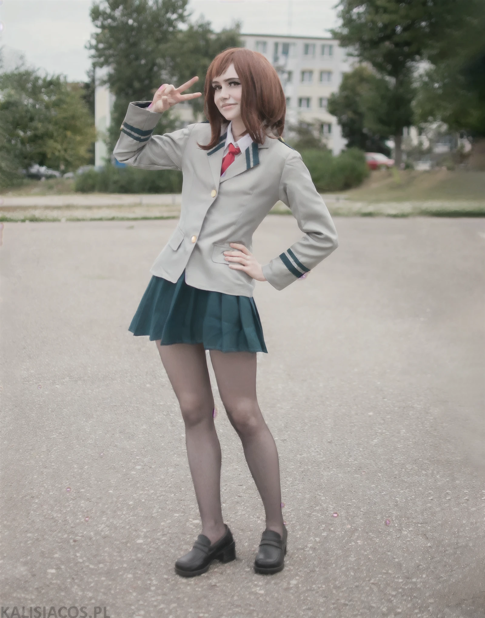 there is a woman in a uniform posing for a picture, anime girl cosplay,  [ochako Uraraka; Boku No Hero Academia], anime cosplay, girl wearing uniform, of a schoolgirl posing, magical school student uniform, anime girl in real life, full-cosplay
