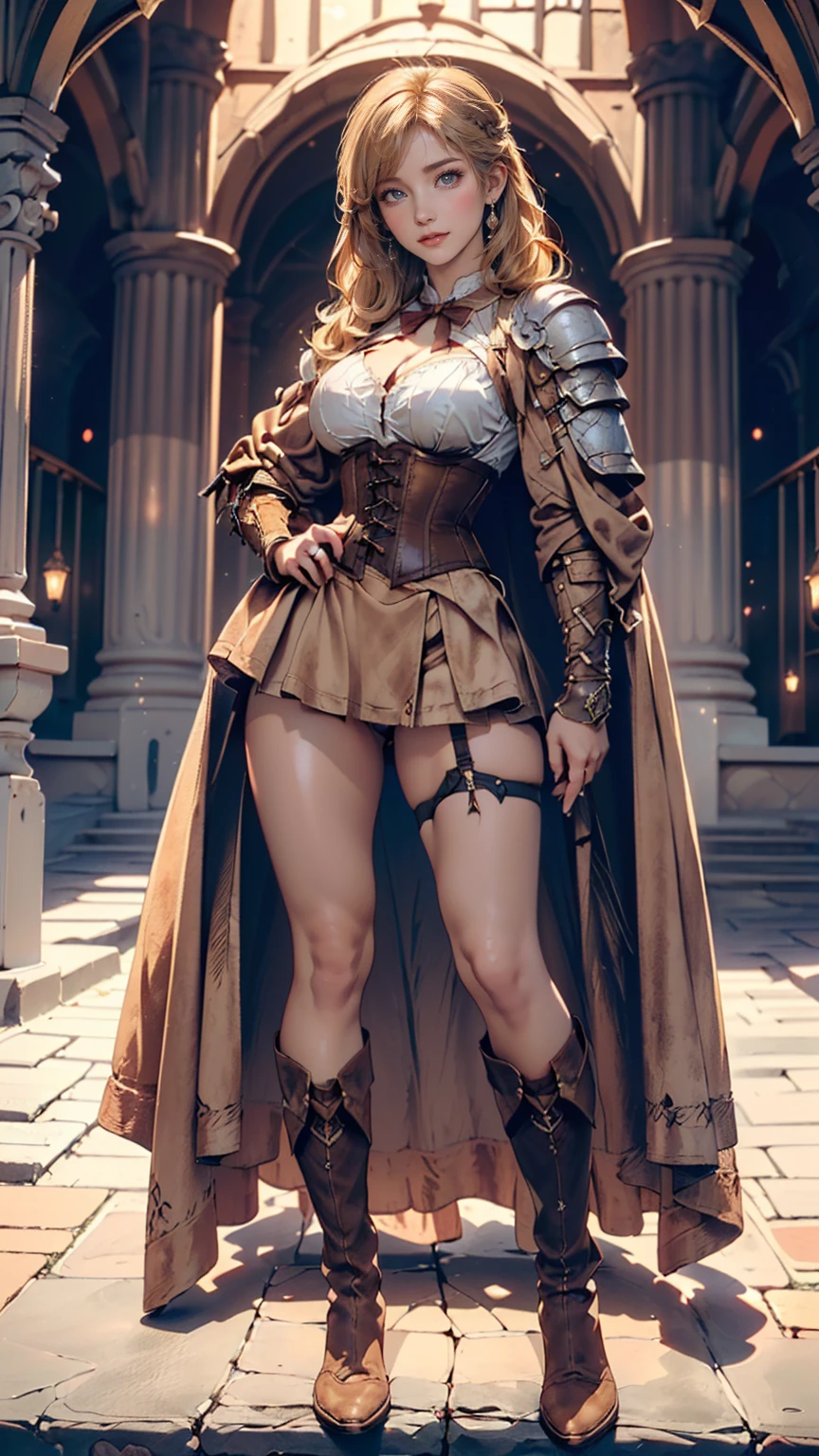 full body, barefoot, solo, female, big breast ,linen tunic, fantasy village, armor, handcuffs on their hands with a collar around the neck, hands on hips, slave ((black choker, shackles on legs and arms))