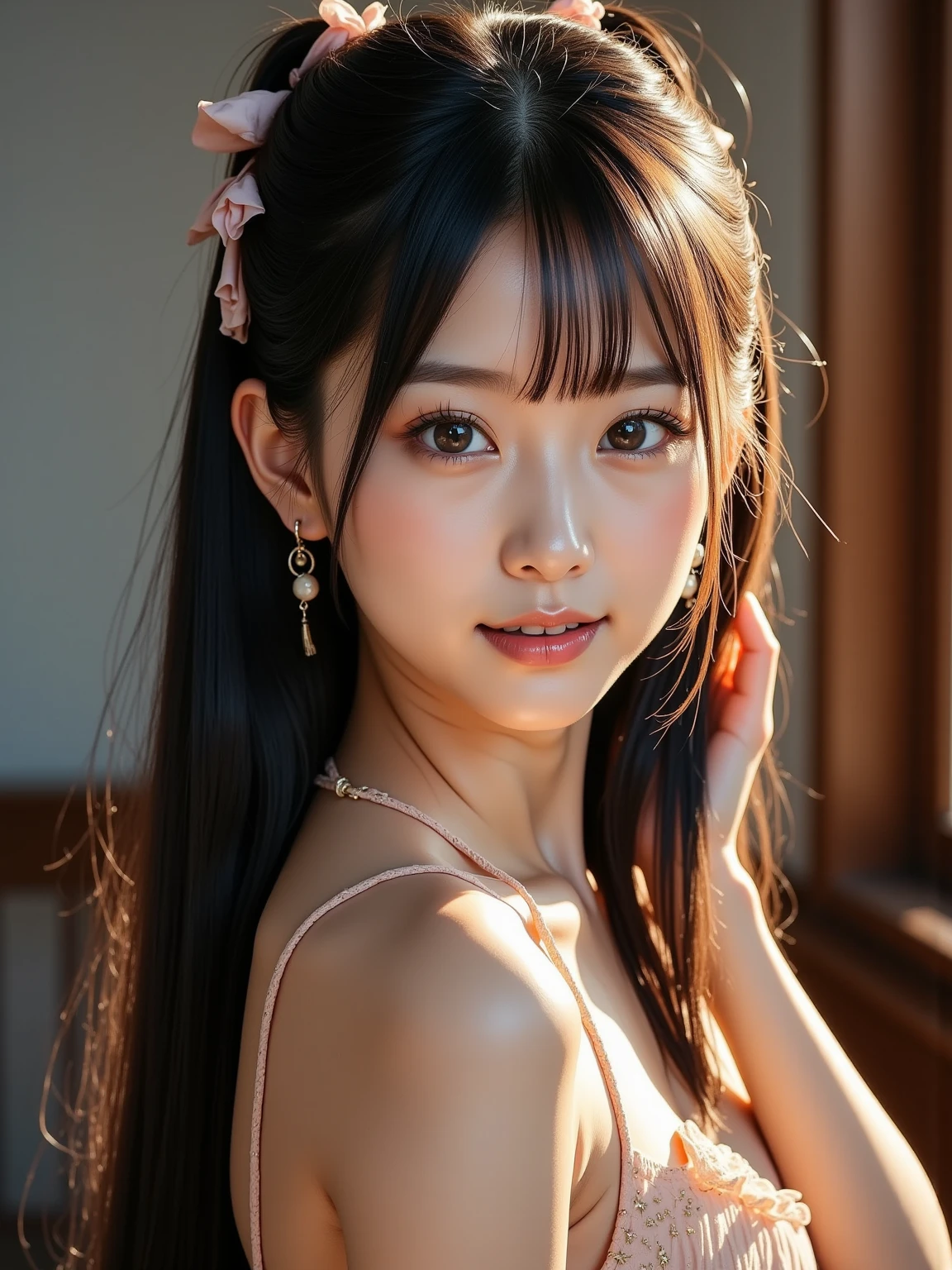 nsfw,Highest Quality, Highest image quality, RAW Photos, Realistic, Photorealsitic, ultra detailed and beautiful, highest details, 1young girls, good-looking, Beautiful fair skin and luster, Beautiful eyes are big and bright, Small mouth and thin lips, Goodness of style and slendernes, beautiful small breasts:1.3), She has a cheerful personality and a cute smile......, Natural makeup, Pearl Pin Crip, Fantasy see-through costume with cute details and wide breasts:1.5), Cute s, beautiful girl illuminated by seven colors of light, Irridescent color,