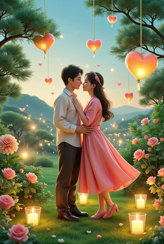 In a captivating digital art masterpiece, a couple shares a romantic dance in the center of an enchanting garden on Valentine's Day. The scene is illuminated by floating candles and lanterns, casting a warm, soft glow. The intricate details of the garden, from the delicate petals of the flowers to the lush green foliage, are rendered in stunning 8K resolution. The couple, lost in their embrace, exudes a sense of deep love and connection. The atmosphere is filled with a magical and dreamy quality, enhanced by the gentle light and the serene beauty of the surroundings.