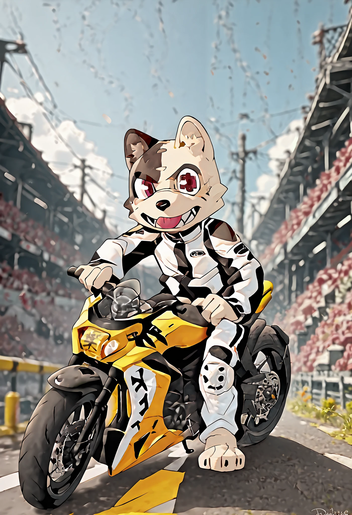 score_9, score_8_up, score_7, 1male furry Shuichi, chonky, odd pupil, looking at viewer, wearing racing suit, mcrs, dainese, riding a motorcycle