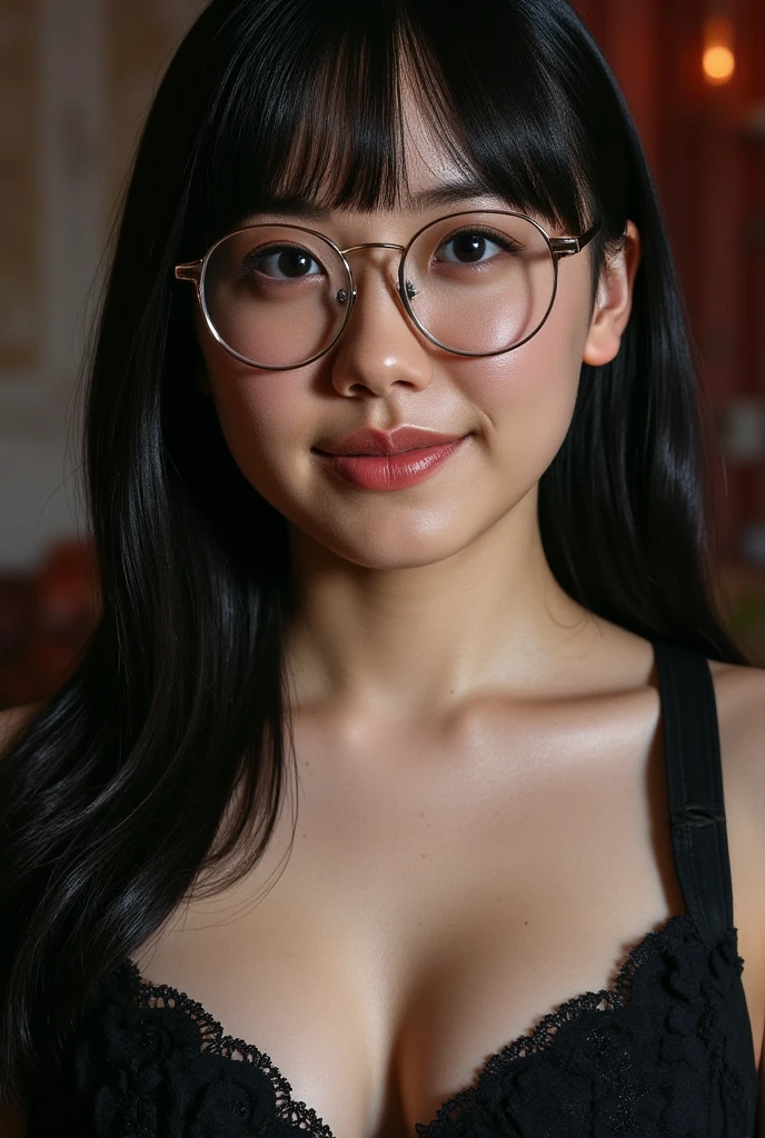 Angle from the front、Naked middle-aged Japanese women、upright、Wear glasses、Hair slicked back in a ponytail、Expressionless、Small breasts、Skinny。