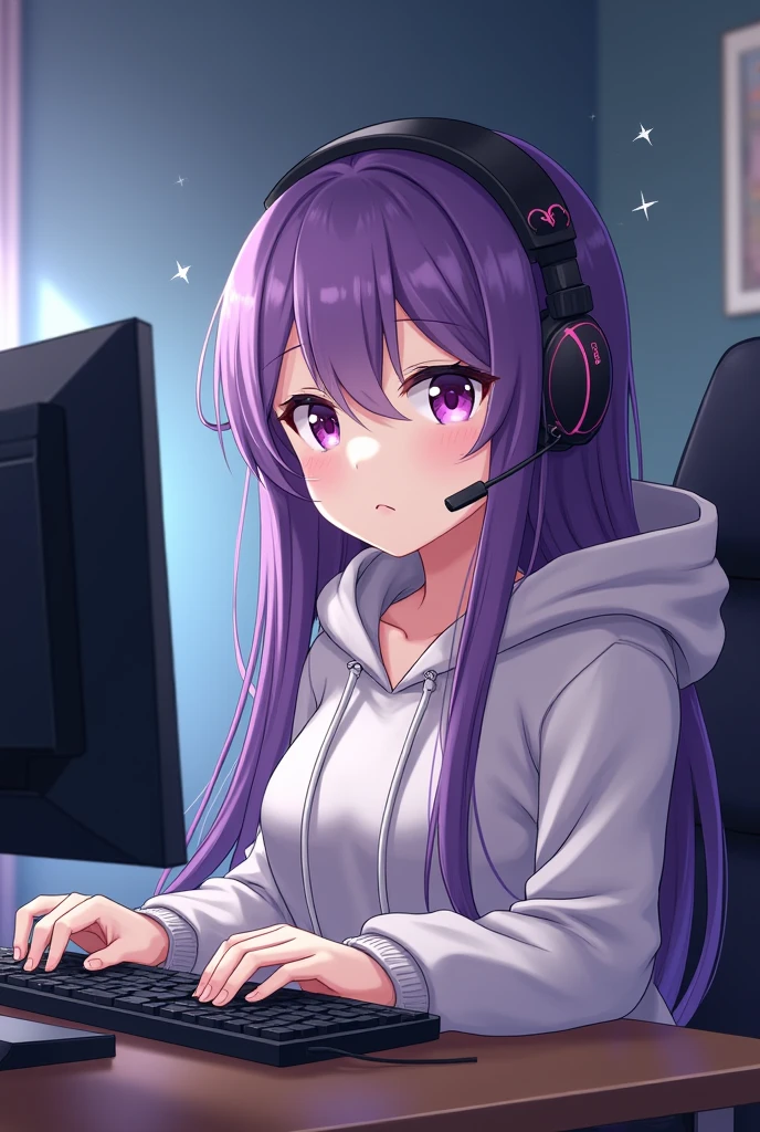 anime style female with headphones and headset sitting at desk playing computer game, 1girl, solo, headphones, long hair, hood, looking at viewer, hood down, keyboard (computer), bangs, purple eyes, monitor, looking back, long sleeves, sparkle, hoodie, purple hair